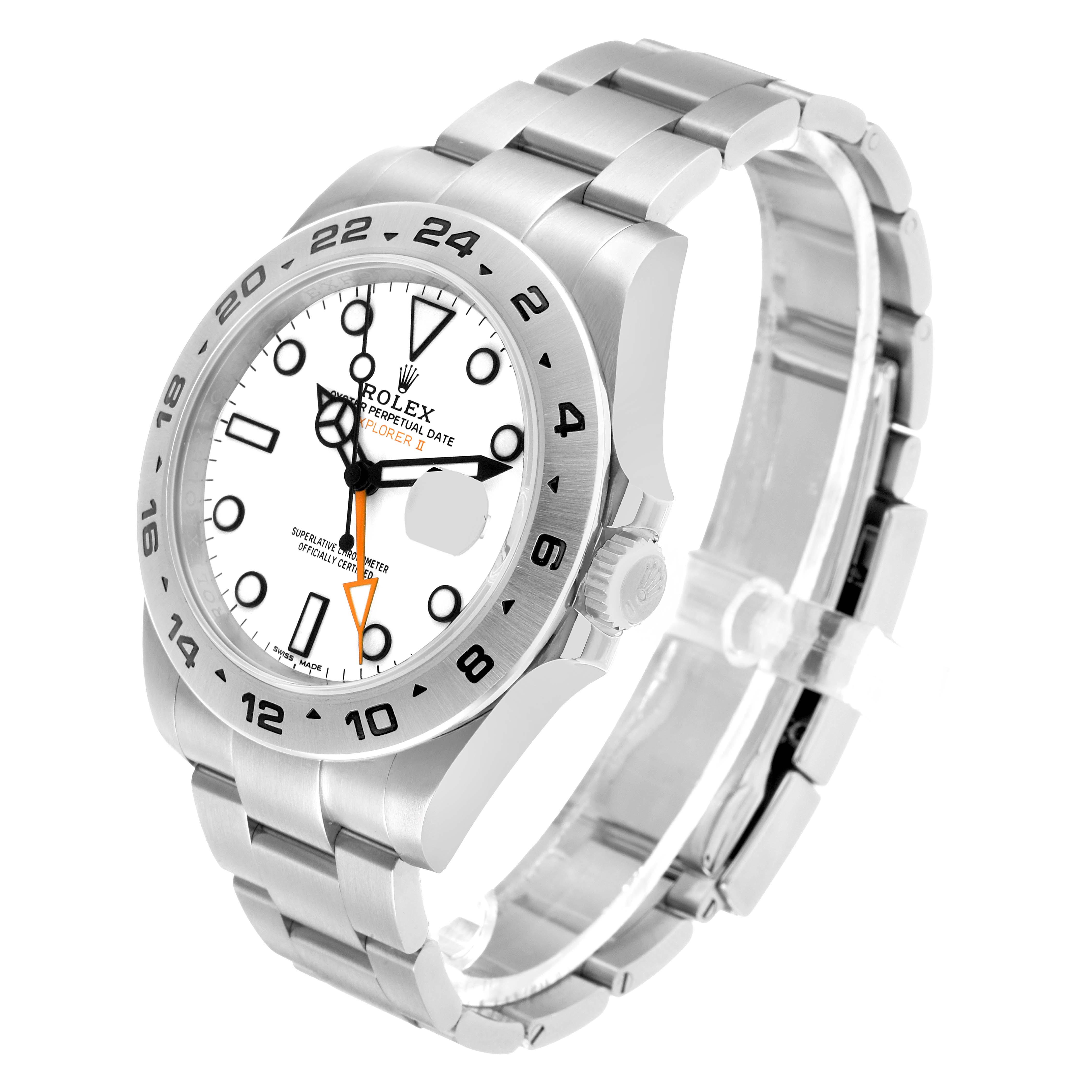 The Rolex Explorer 216570 Men's Stainless Steel White Dial watch is shown at a three-quarter angle, displaying the face, bezel, crown, and bracelet.