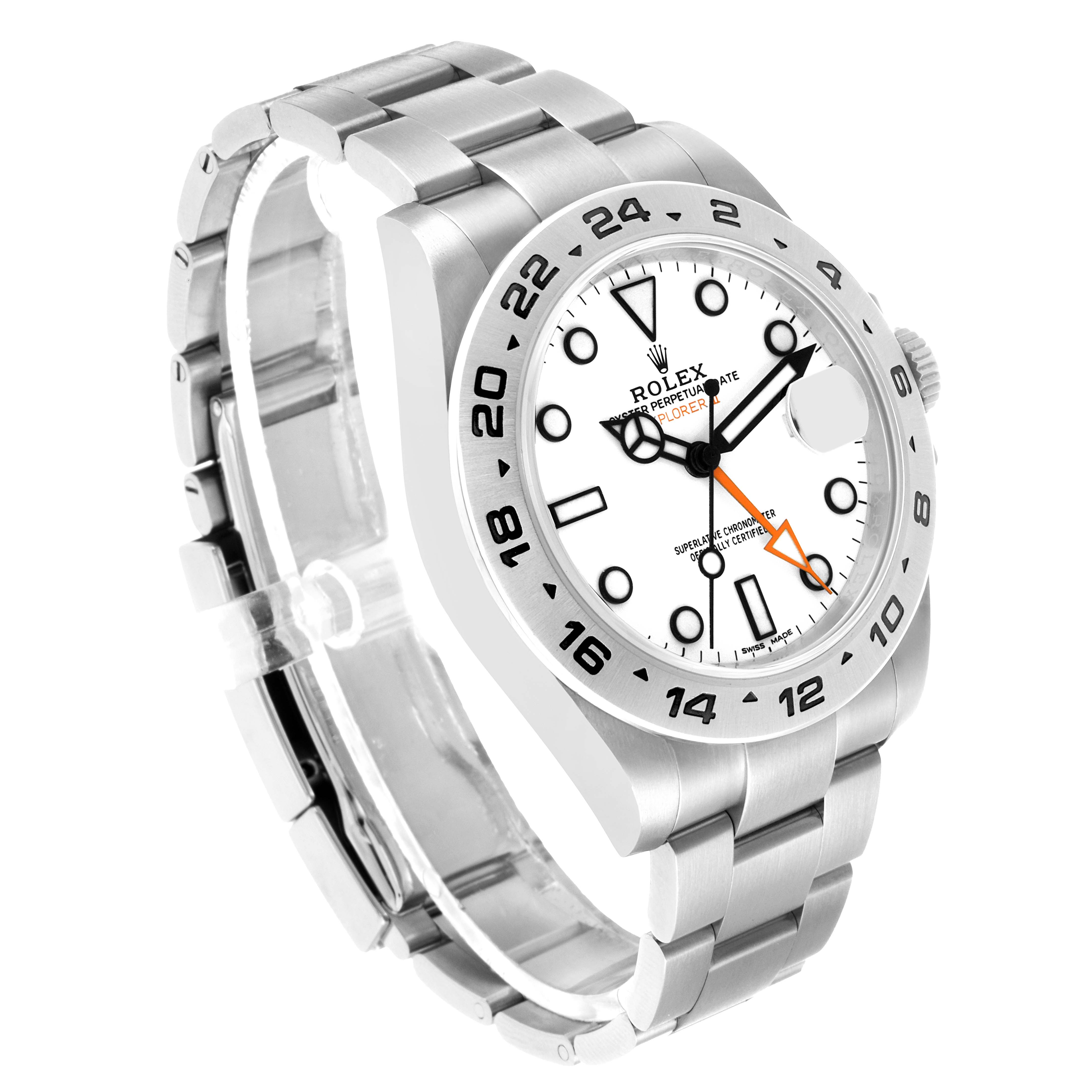 The Rolex Explorer 216570 Men's Stainless Steel White Dial watch is shown at a three-quarter angle, highlighting its dial, bezel, and bracelet.