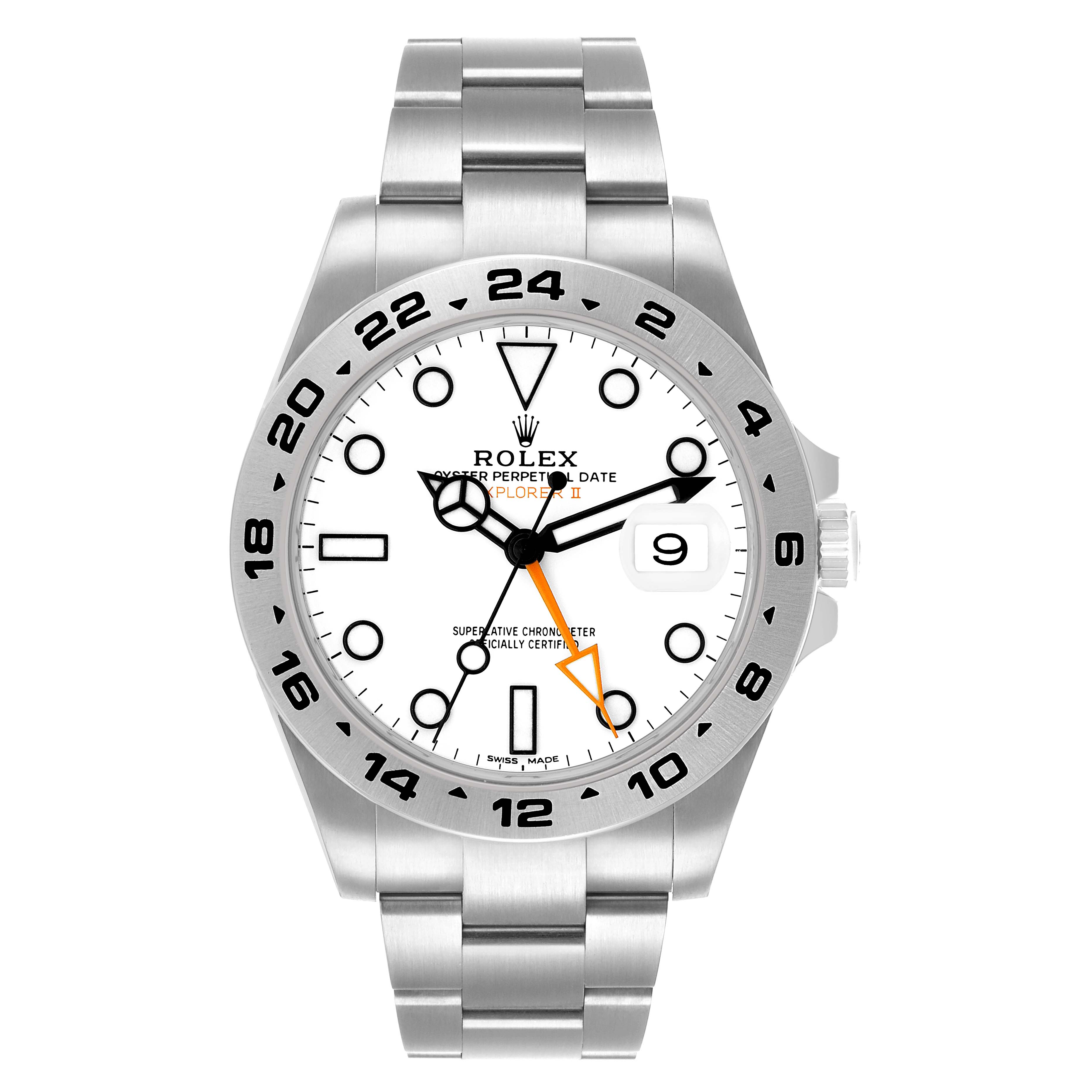 The Rolex Explorer 216570 Men's Stainless Steel White Dial model is shown from a straight-on angle, highlighting the face, bezel, and bracelet.