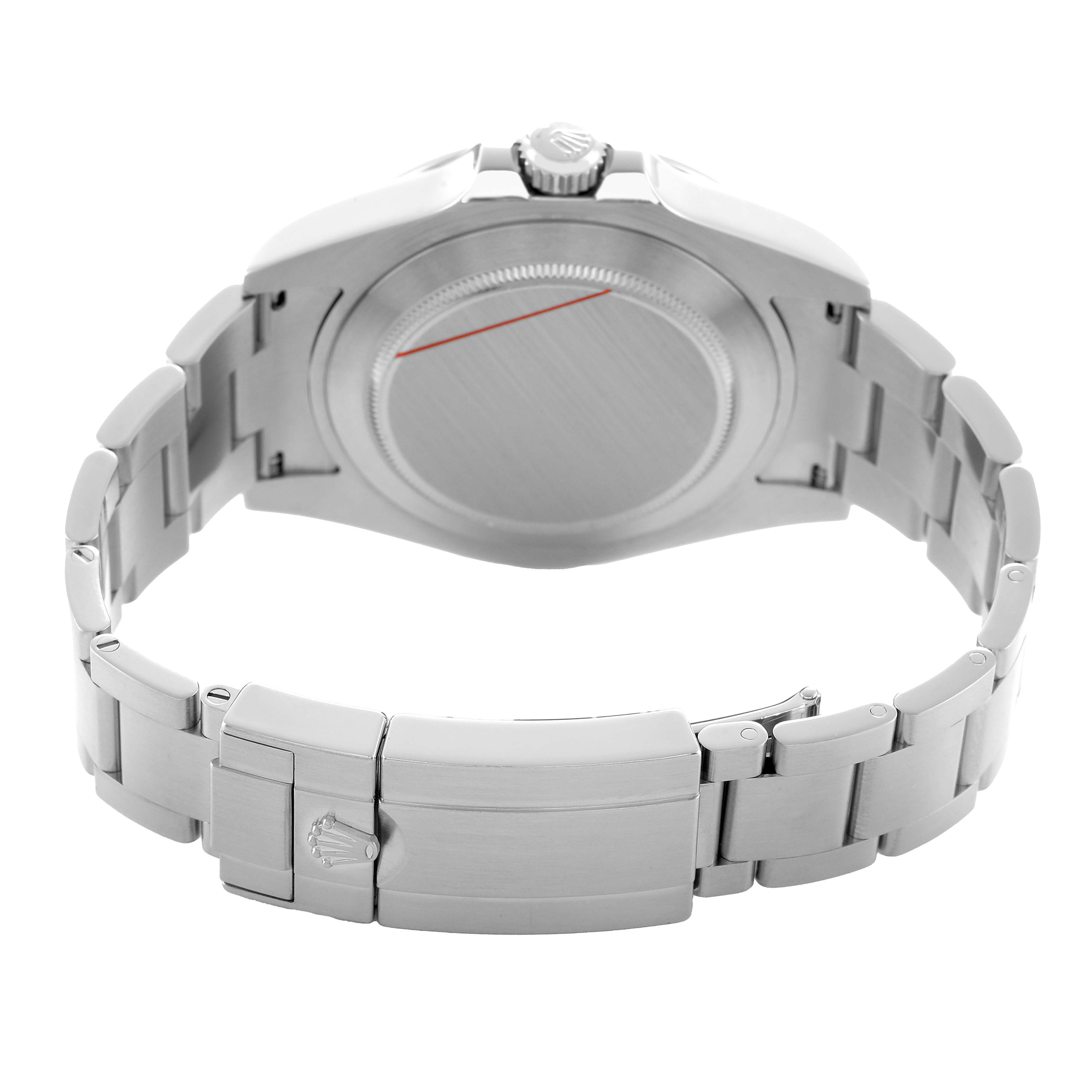 The image shows the back view of a Rolex Explorer 216570 Men's Stainless Steel White Dial, highlighting the case back and bracelet with the clasp.