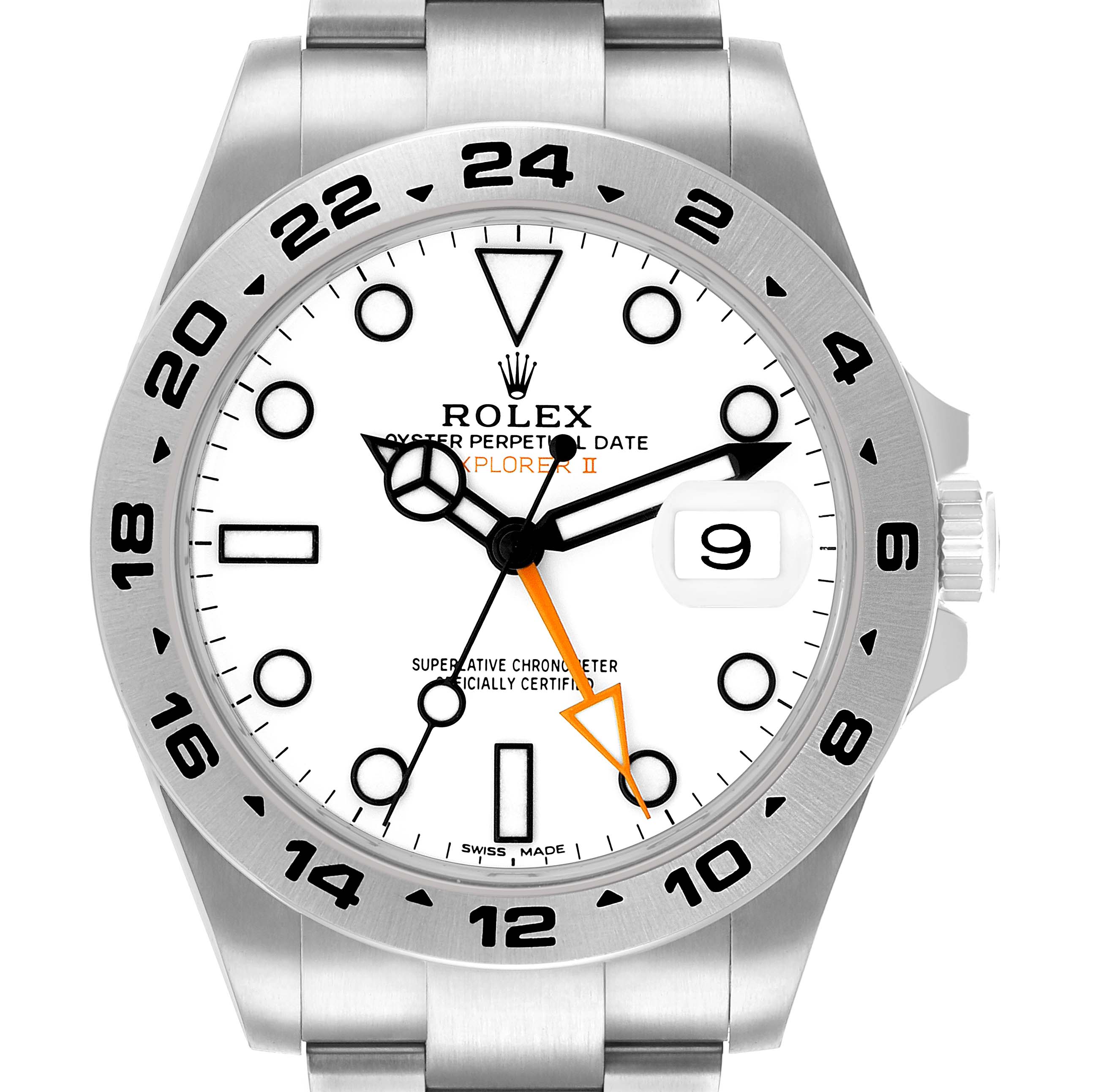The Rolex Explorer 216570 Men's Stainless Steel White Dial II watch is shown from a front angle, highlighting the dial, bezel, and part of the bracelet.