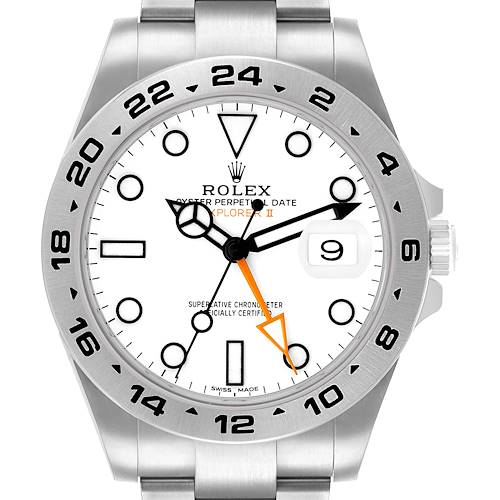 The Rolex Explorer 216570 Men's Stainless Steel White Dial II watch is shown from the front, displaying its face, bezel, crown, and part of the bracelet.