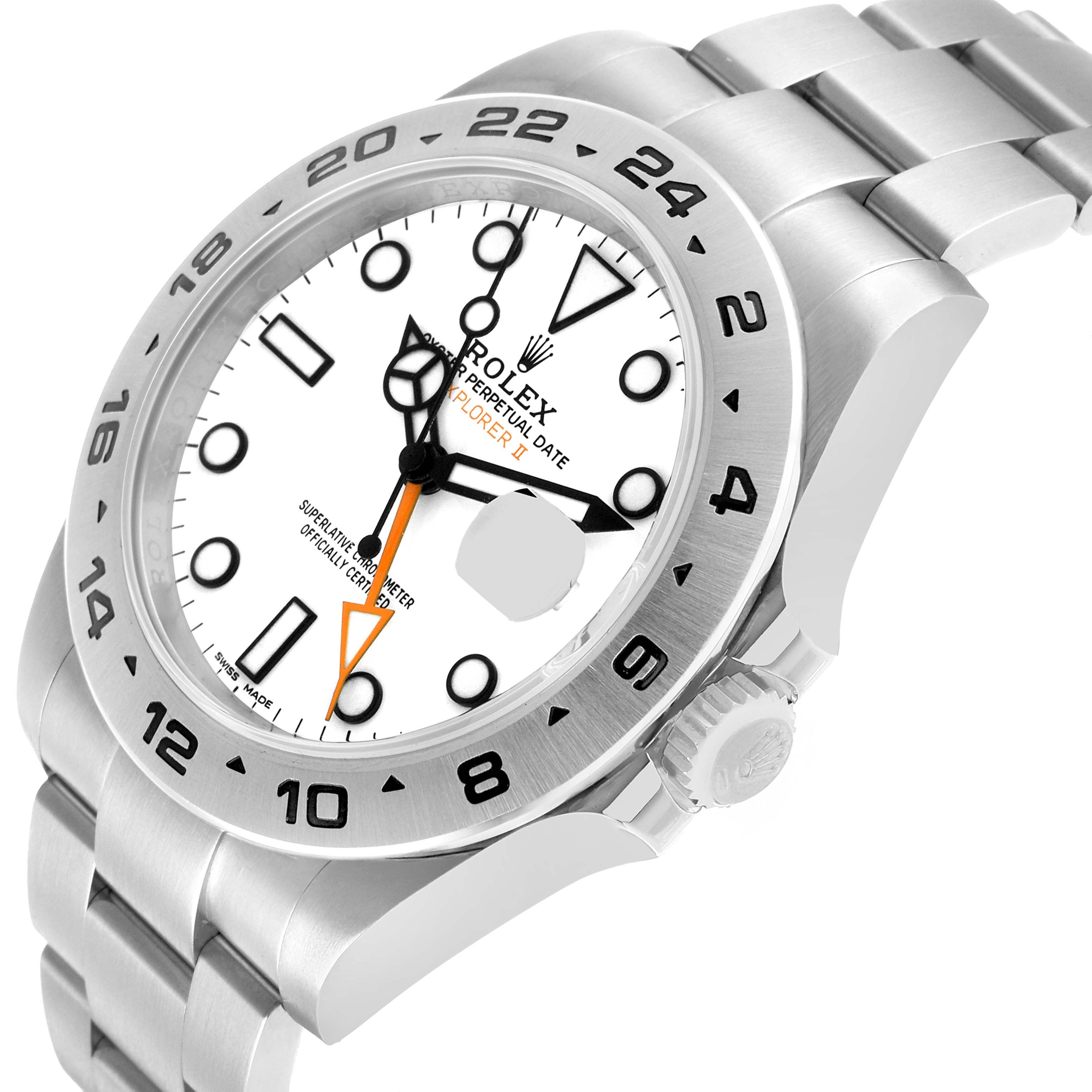 The image shows a Rolex Explorer 216570 Men's Stainless Steel White Dial watch at a tilted angle, highlighting its face, bezel, crown, and bracelet.