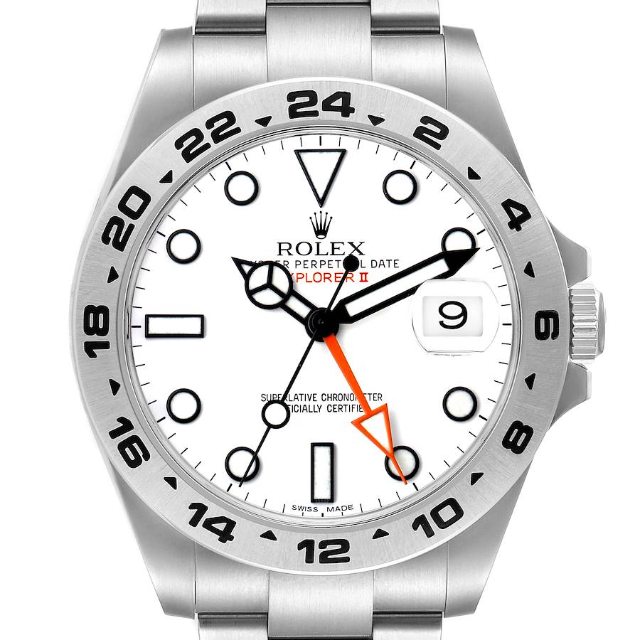 The Rolex Explorer 216570 Men's Stainless Steel White Dial II watch is shown from a front angle, highlighting its dial, bezel, and part of the bracelet.