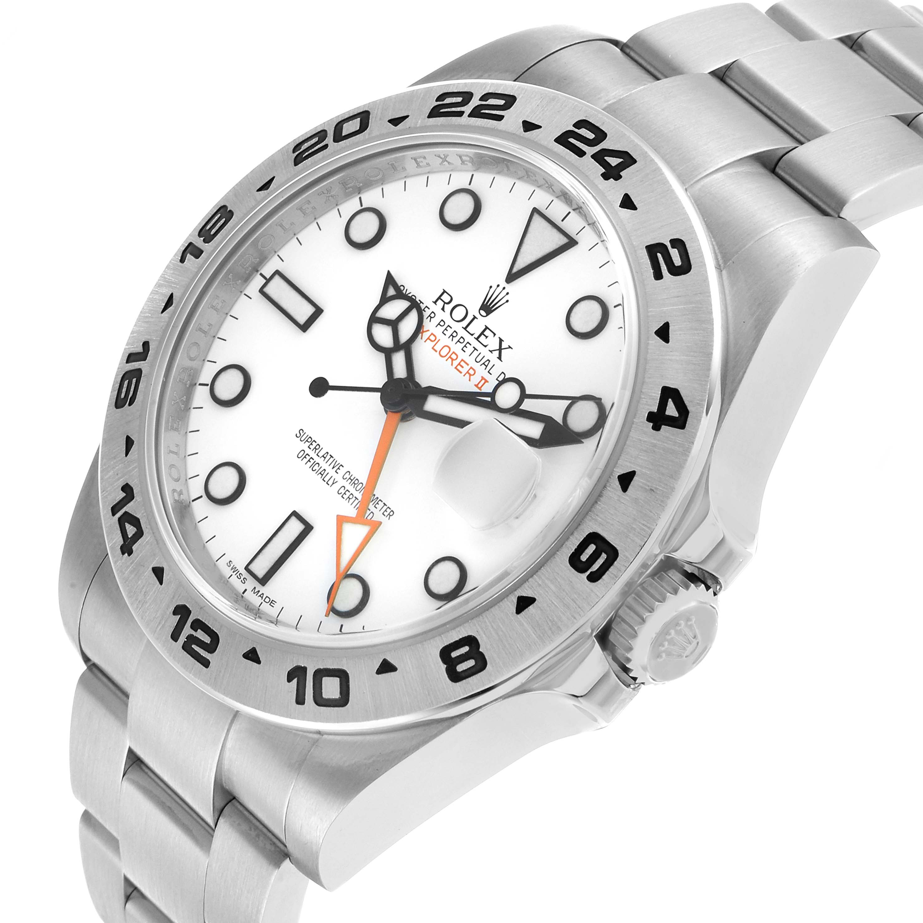 The Rolex Explorer 216570 Men's Stainless Steel White Dial watch is shown at an angled view, highlighting the dial, bezel, crown, and bracelet.