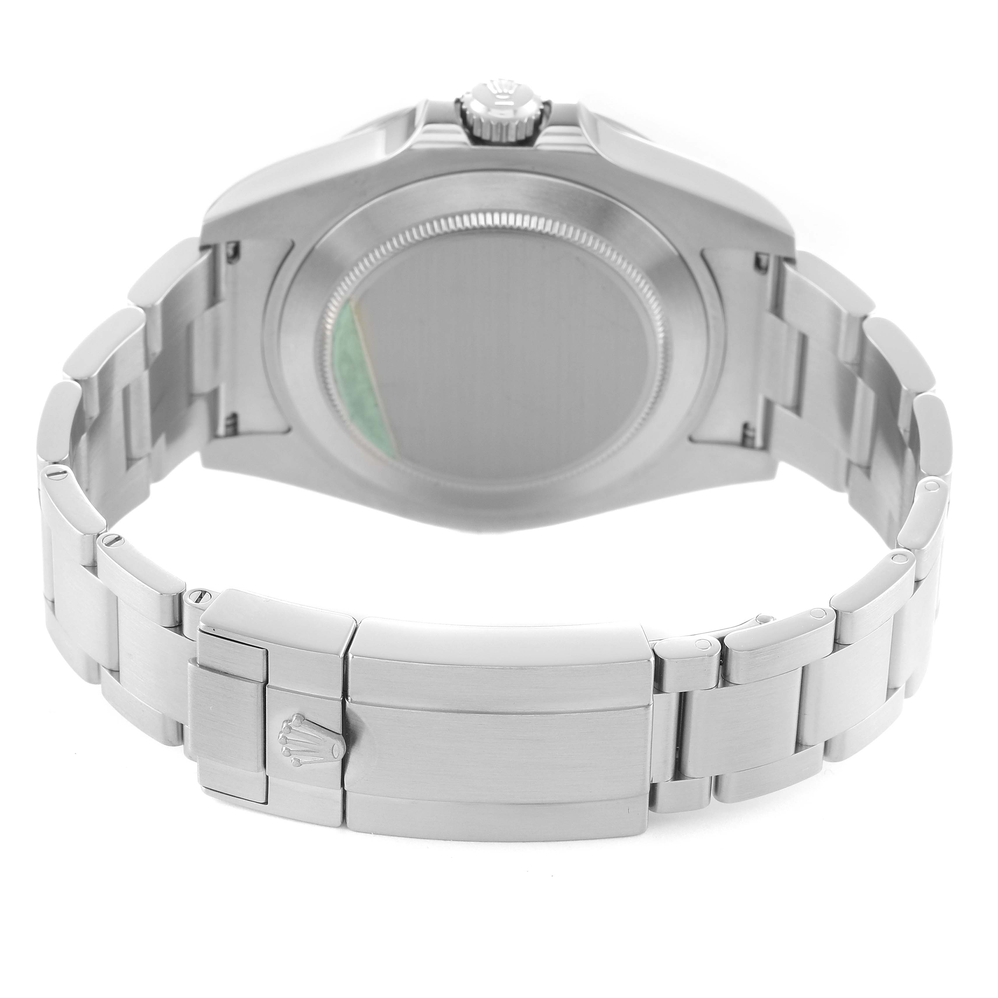 The image shows the back and bracelet of a Rolex Explorer 216570 Men's Stainless Steel White Dial watch, highlighting the clasp and case back.