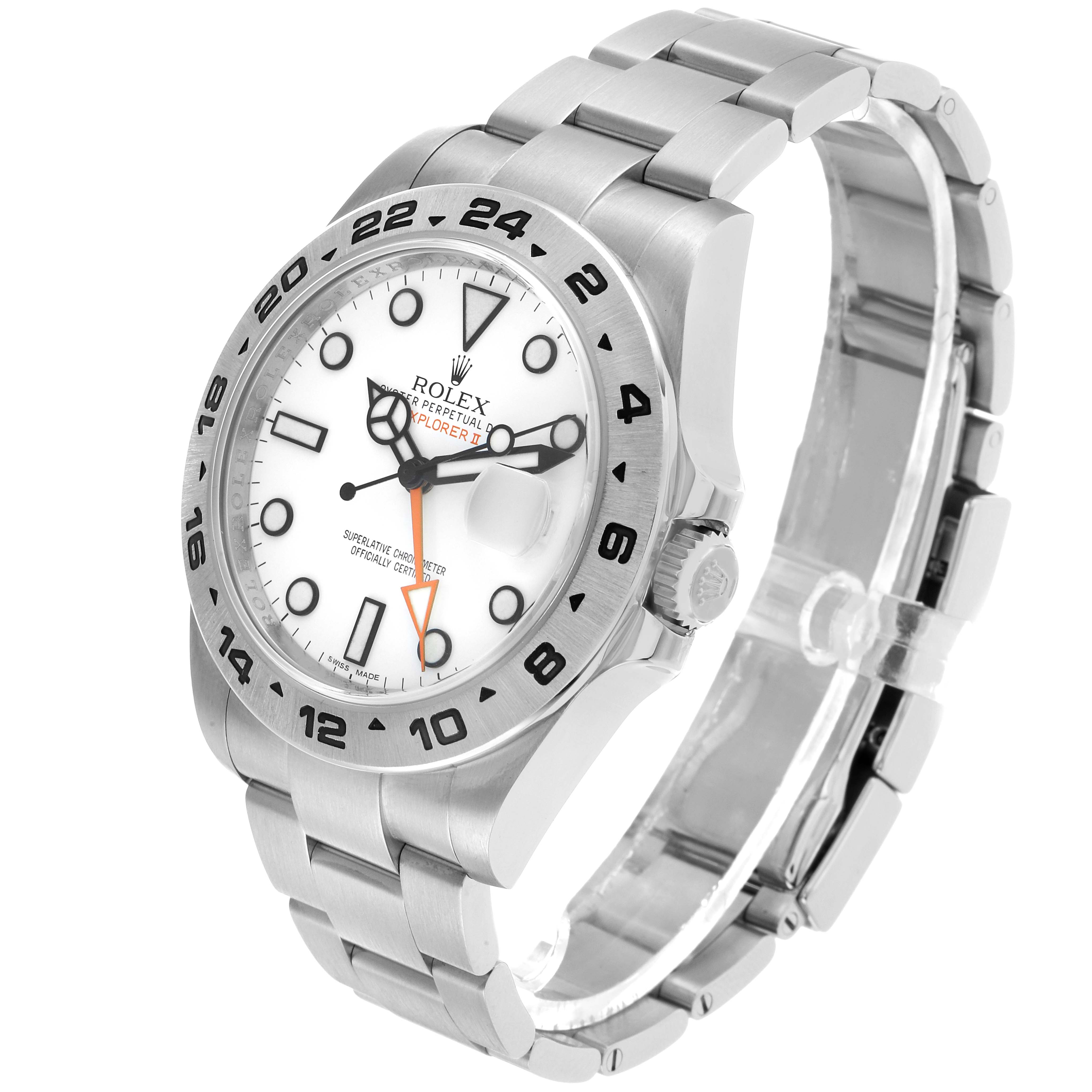 The Rolex Explorer 216570 Men's Stainless Steel White Dial watch is shown at a three-quarter angle, highlighting the bezel, dial, hands, bracelet, and crown.