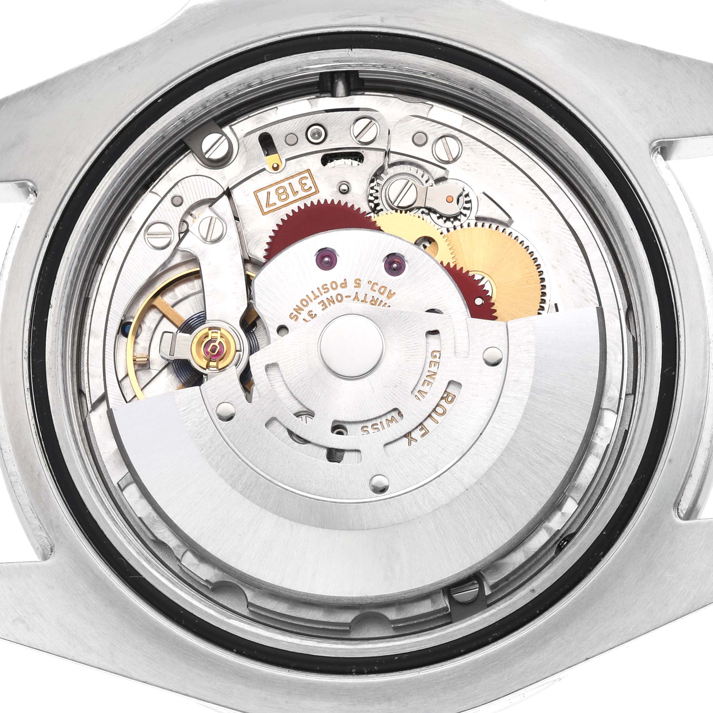 This image shows the intricate movement mechanism of a Rolex Explorer 216570 Men's Stainless Steel White Dial watch from a back view angle.