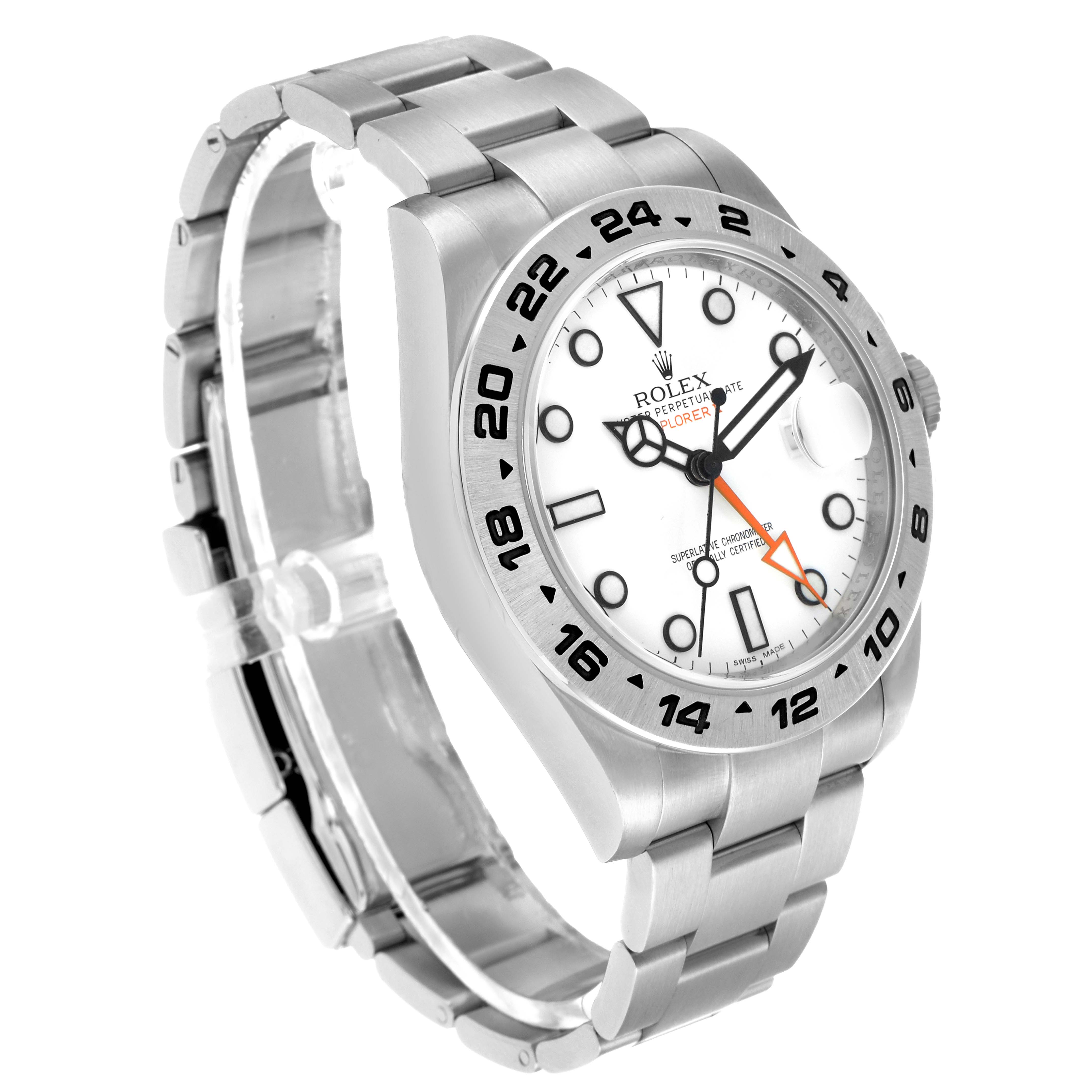 The Rolex Explorer 216570 Men's Stainless Steel White Dial model is shown at a three-quarter angle, displaying the dial, bezel, case, and bracelet clearly.