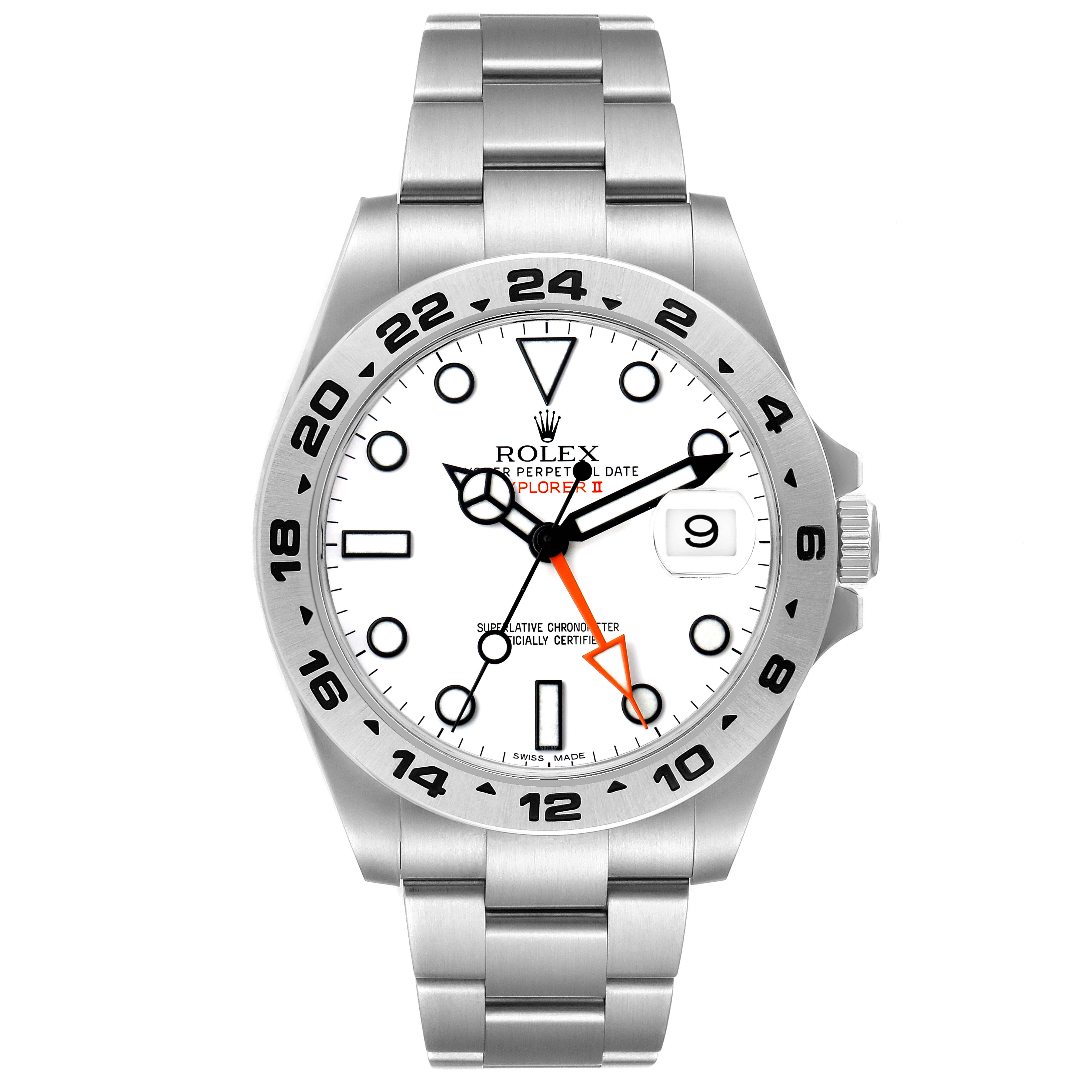 The Rolex Explorer 216570 Men's Stainless Steel White Dial II watch is shown from the front, highlighting the dial, bezel, hands, and the steel bracelet.