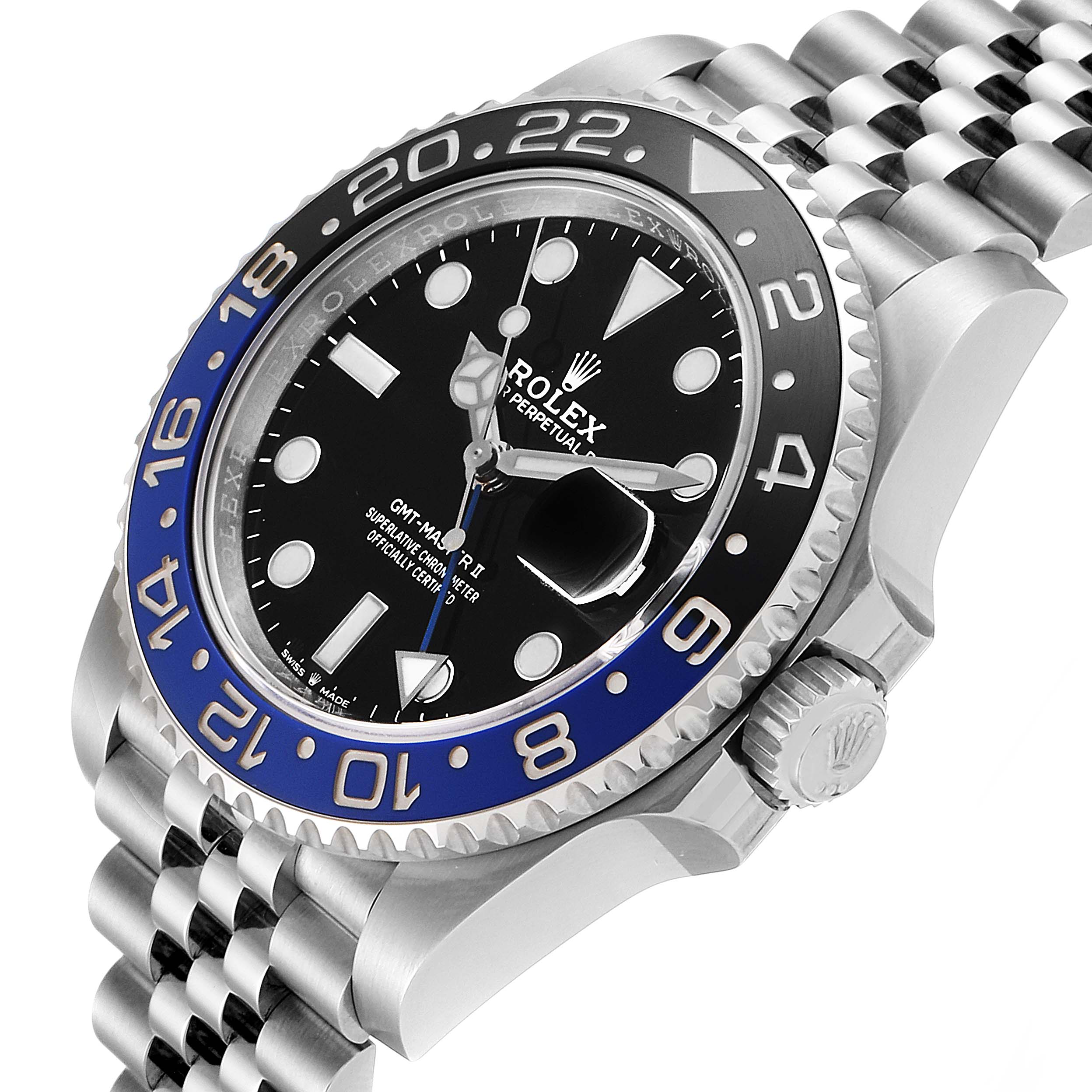 The image shows a close-up view of the Rolex GMT-Master 126710 Men's Stainless Steel Black Dial 126710 Men's Stainless Steel Black Dial watch's dial, bezel, crown, and a portion of its jubilee bracelet.