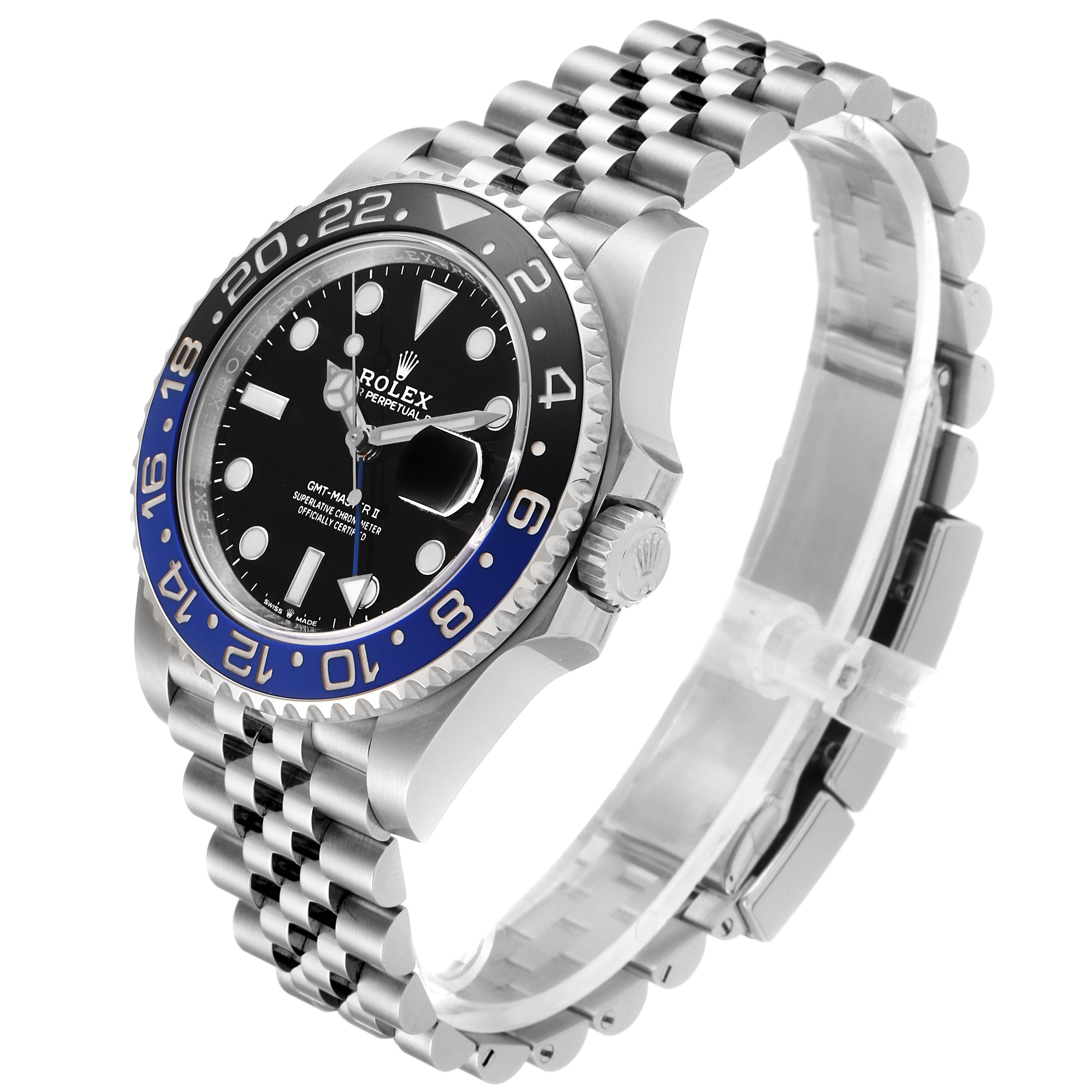 The image shows a side angle view of a Rolex GMT-Master 126710 Men's Stainless Steel Black Dial 126710 Men's Stainless Steel Black Dial watch, highlighting its black and blue bezel, face, and bracelet.