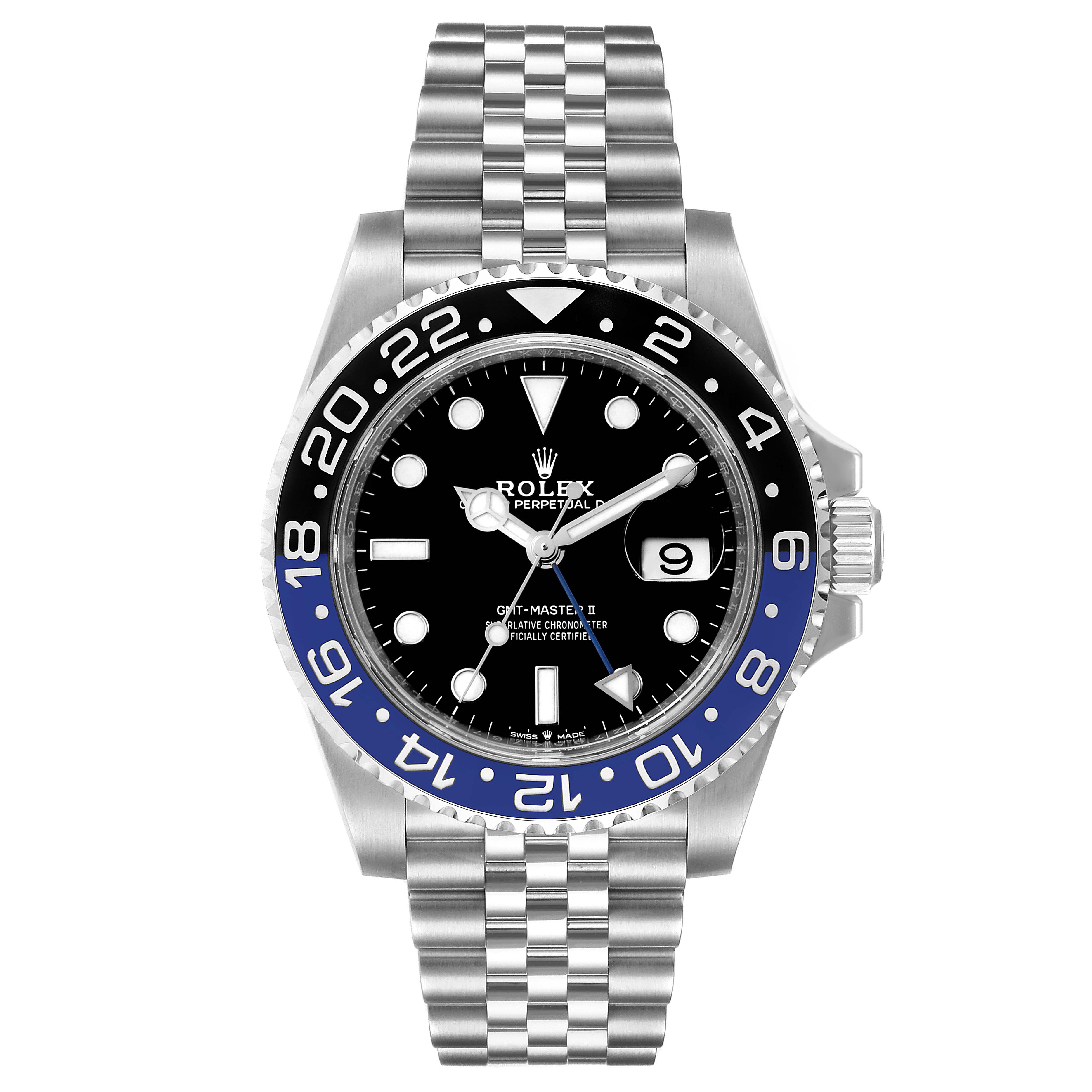 This image shows a front view of a Rolex GMT-Master 126710 Men's Stainless Steel Black Dial 126710 Men's Stainless Steel Black Dial II watch, highlighting its face, bezel, and bracelet.