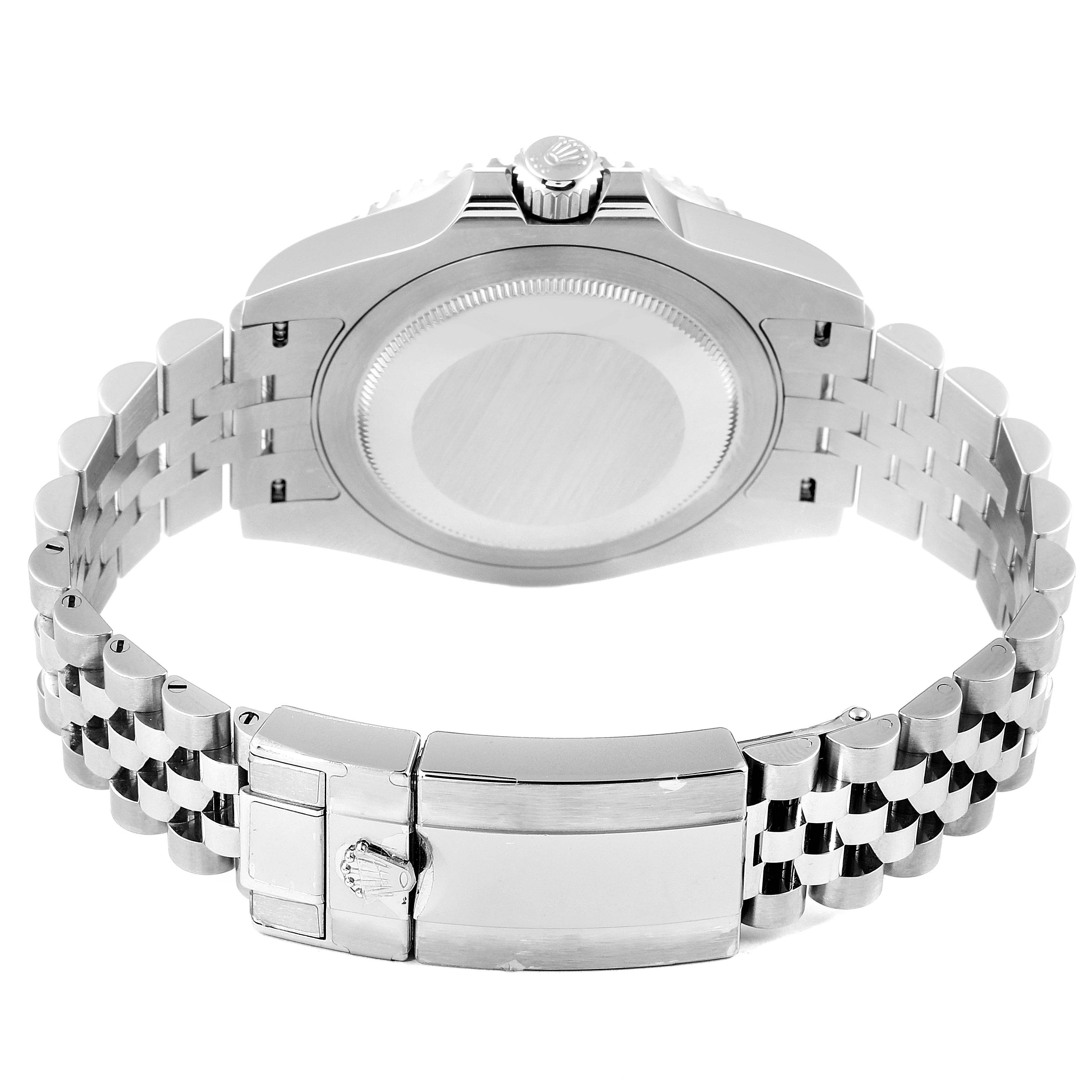 This image shows the back view of the Rolex GMT-Master 126710 Men's Stainless Steel Black Dial 126710 Men's Stainless Steel Black Dial watch, including the case back, crown, and the Jubilee bracelet with the clasp.