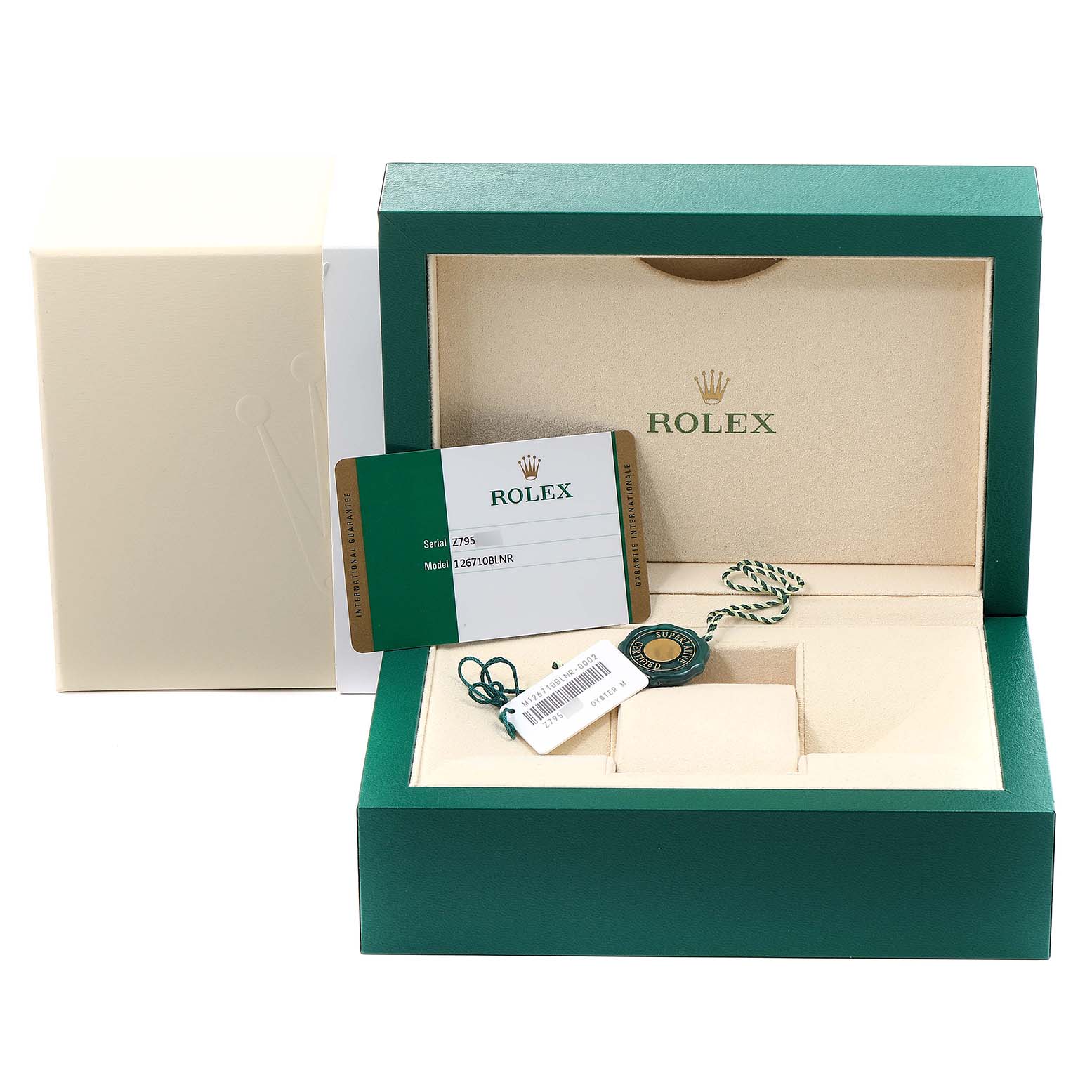 The image shows the open box, authentication card, and accessories of a Rolex GMT-Master 126710 Men's Stainless Steel Black Dial 126710 Men's Stainless Steel Black Dial.