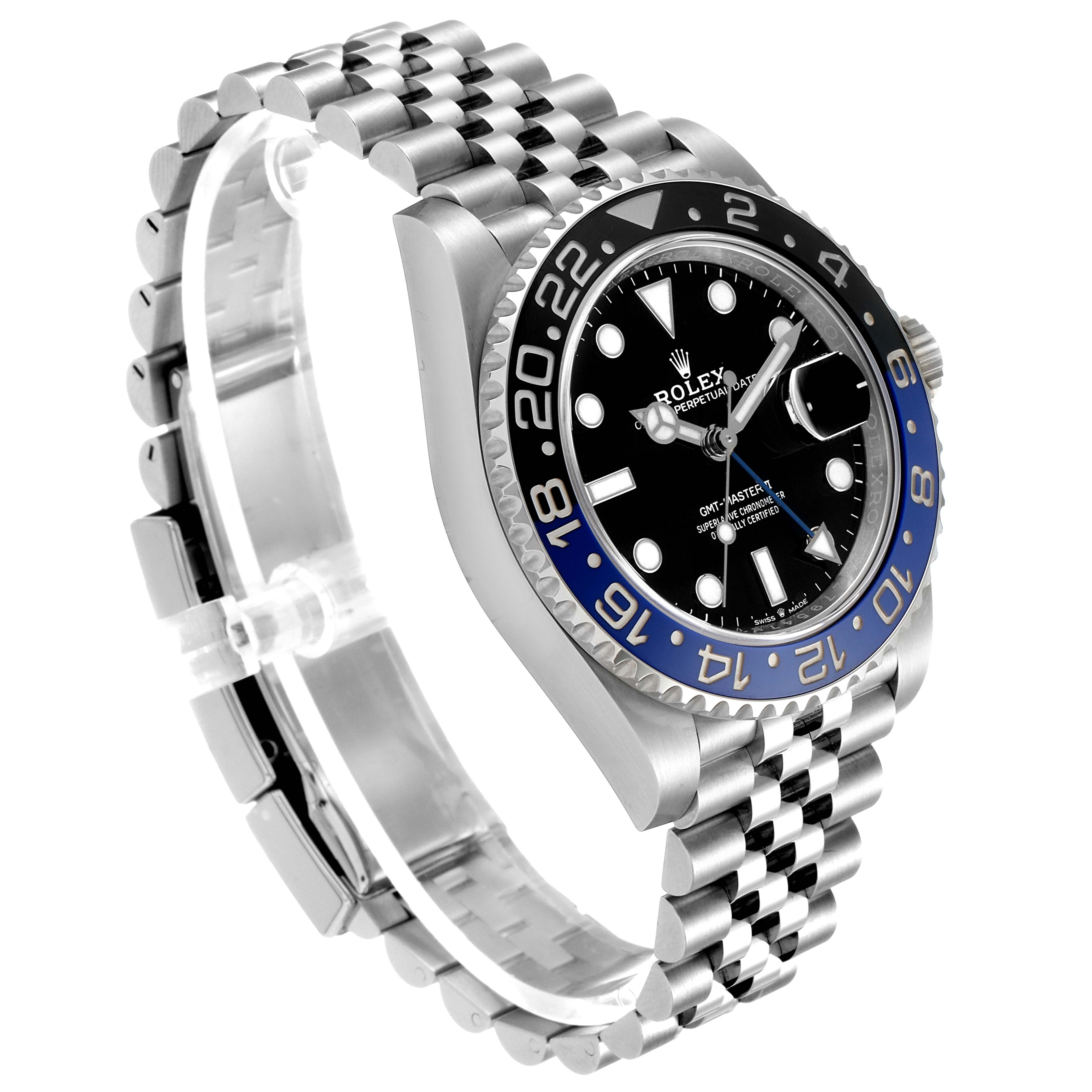 This image shows a side angle of the Rolex GMT-Master 126710 Men's Stainless Steel Black Dial 126710 Men's Stainless Steel Black Dial watch with a black and blue bezel and a Jubilee bracelet.
