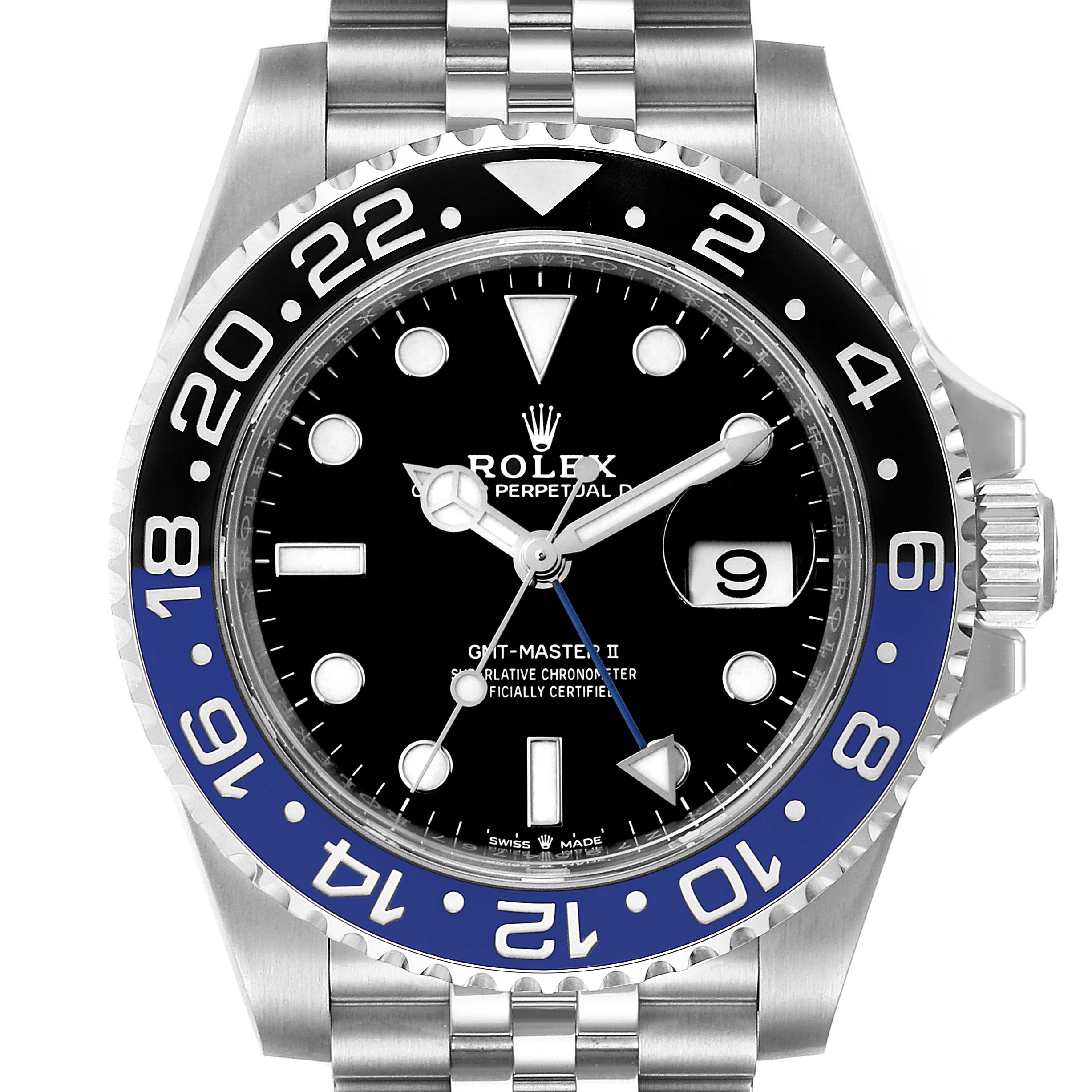 The image shows the front view of a Rolex GMT-Master 126710 Men's Stainless Steel Black Dial 126710 Men's Stainless Steel Black Dial II watch, highlighting the dial, bezel, and part of the bracelet.