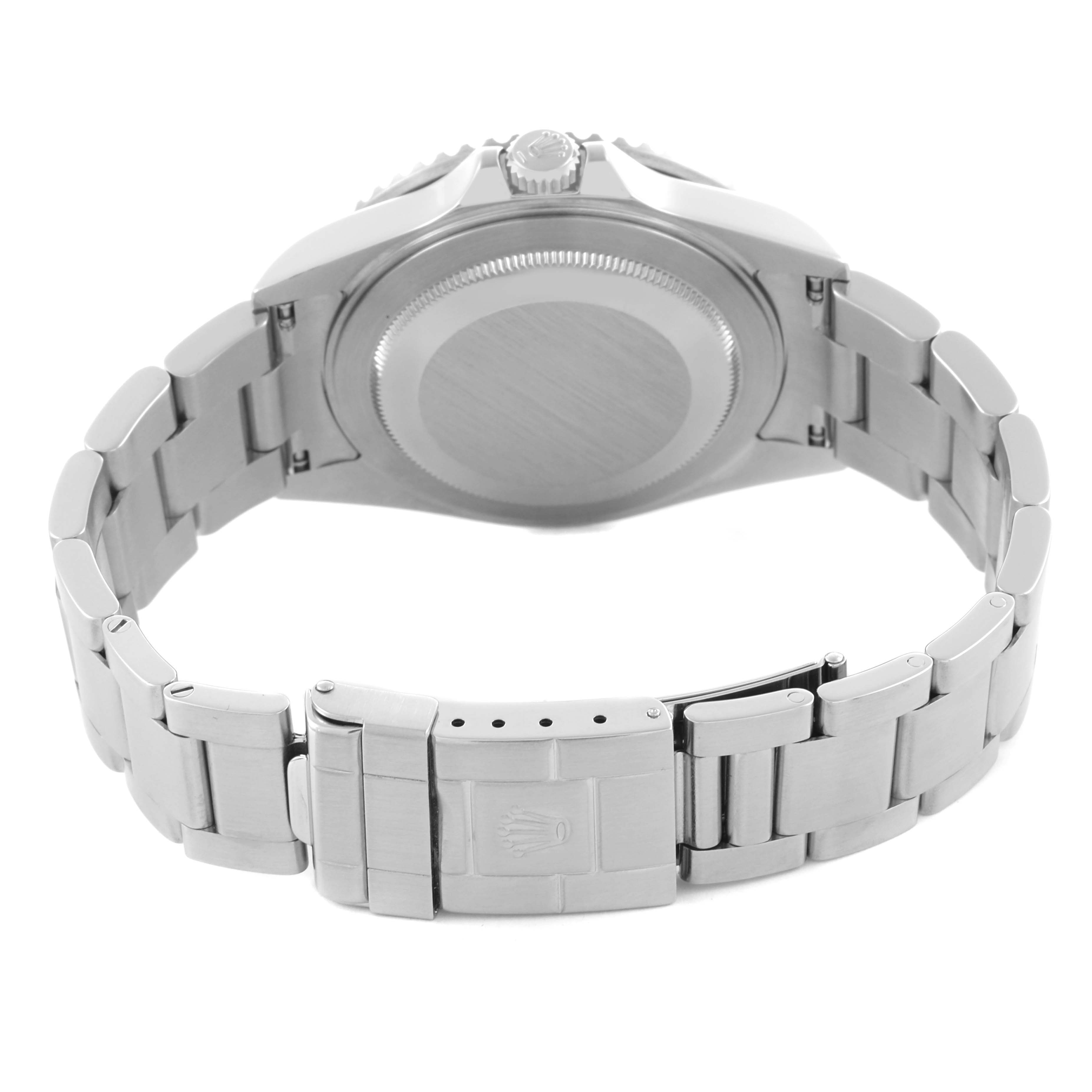 The image shows the back and bracelet of the Rolex GMT-Master 16710 Men's Stainless Steel Black Dial 16710 Men's Stainless Steel Black Dial watch, highlighting its clasp and case.