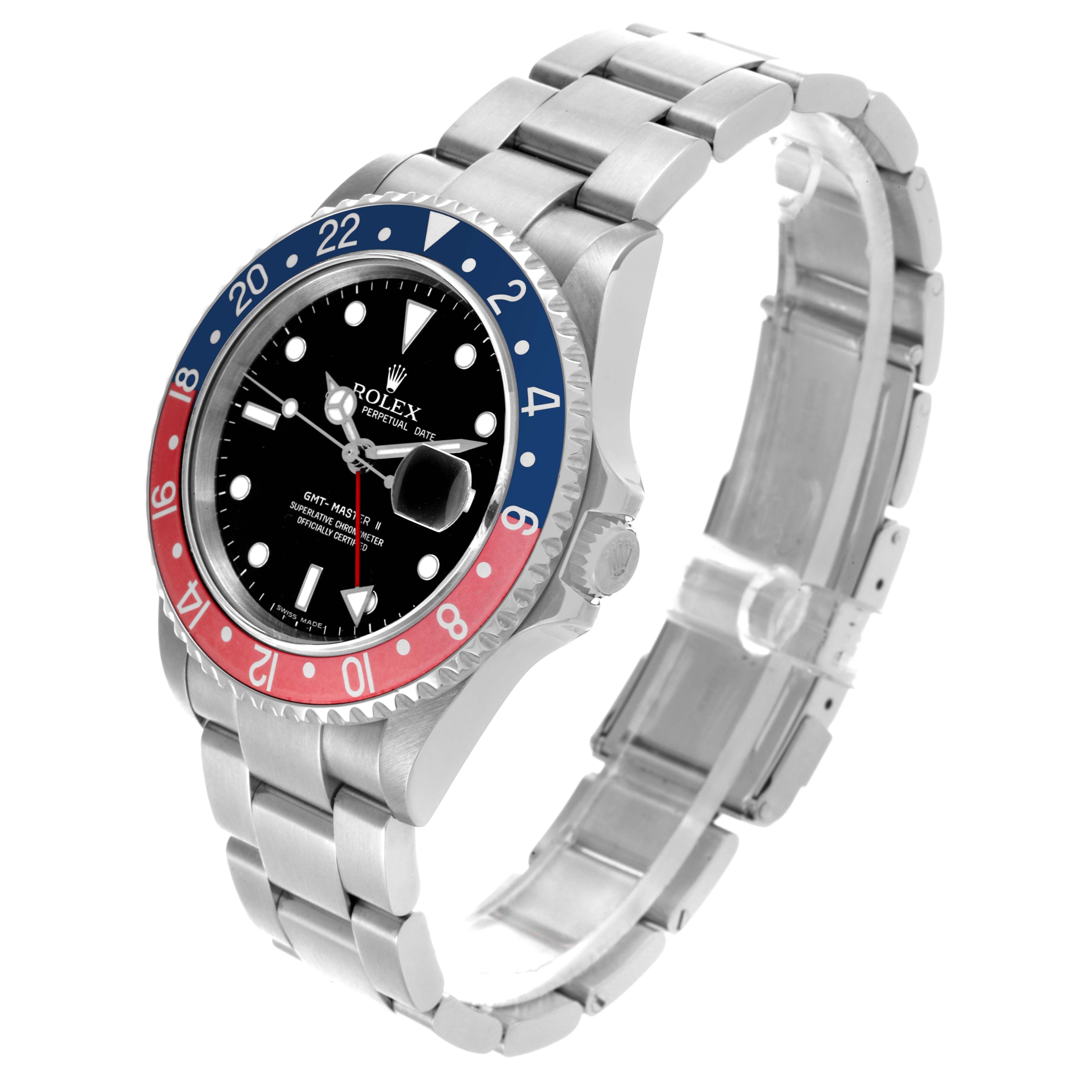 The Rolex GMT-Master 16710 Men's Stainless Steel Black Dial 16710 Men's Stainless Steel Black Dial watch is shown at an angled view, displaying the bezel, dial, and bracelet.