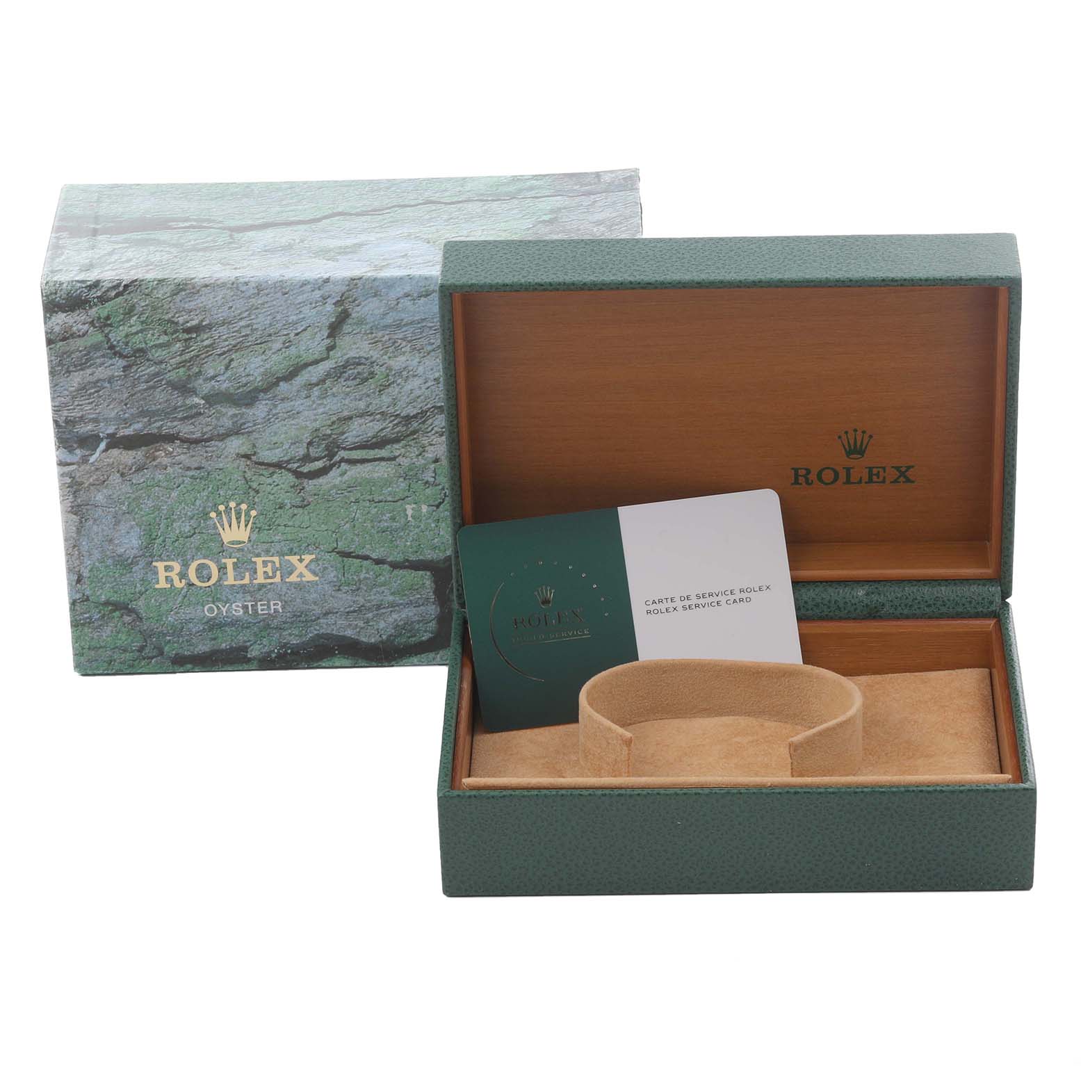 The image shows the packaging and accessories for a Rolex GMT-Master 16710 Men's Stainless Steel Black Dial 16710 Men's Stainless Steel Black Dial in an open box, with a card and cushion inside.