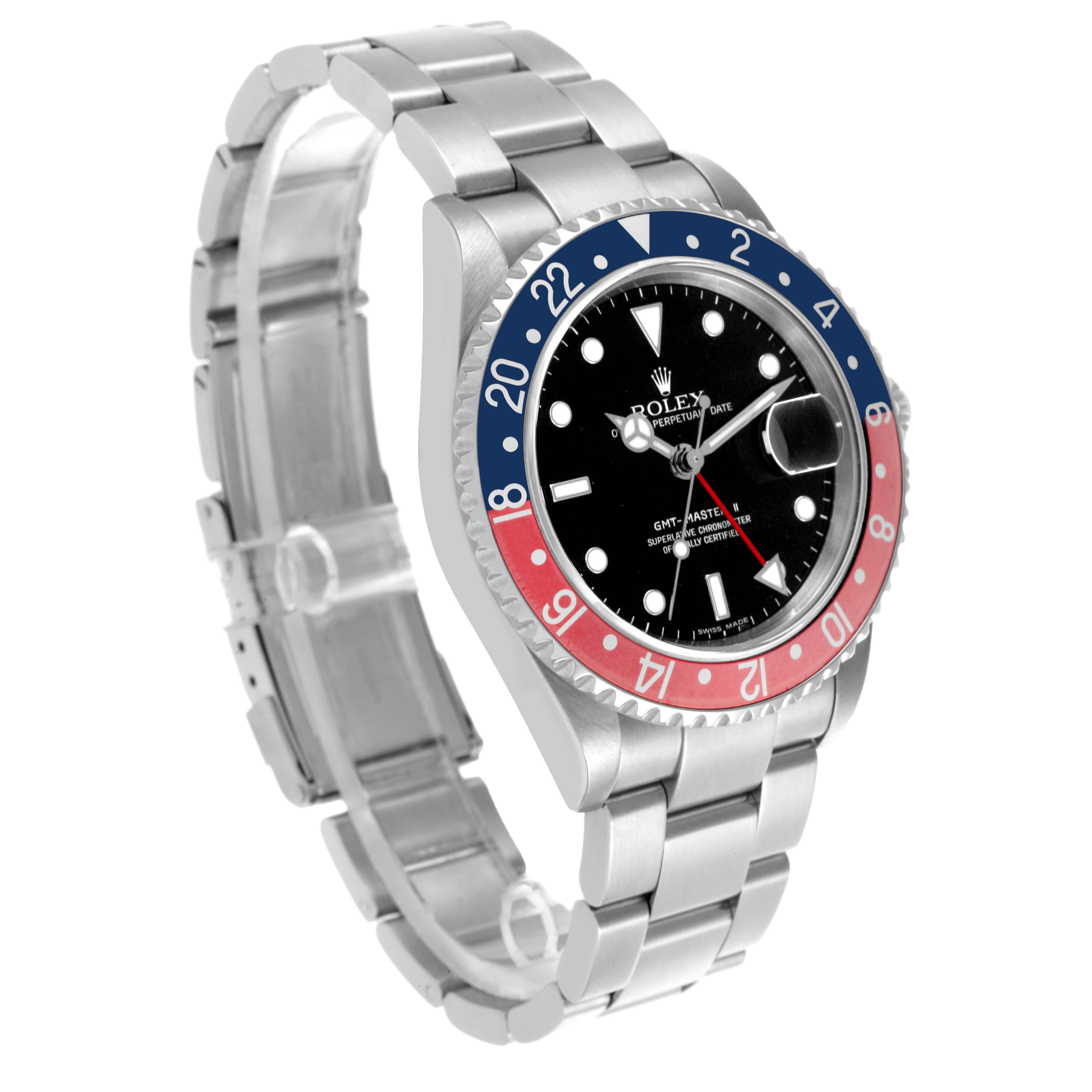The Rolex GMT-Master 16710 Men's Stainless Steel Black Dial 16710 Men's Stainless Steel Black Dial watch is shown at a side angle, displaying the bezel, face, and bracelet.