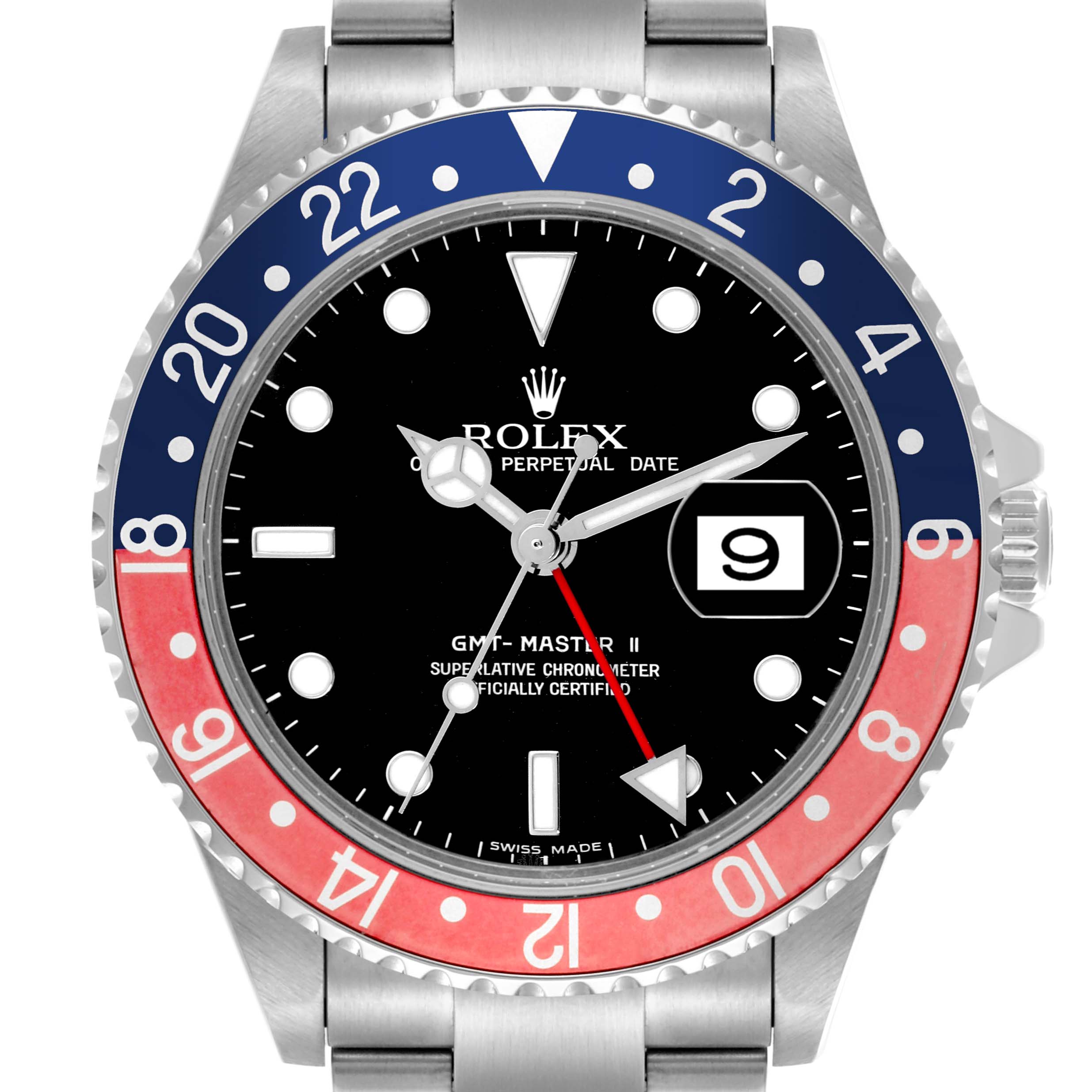 The image shows a front view of the Rolex GMT-Master 16710 Men's Stainless Steel Black Dial 16710 Men's Stainless Steel Black Dial II watch, highlighting the bezel, dial, and date window.