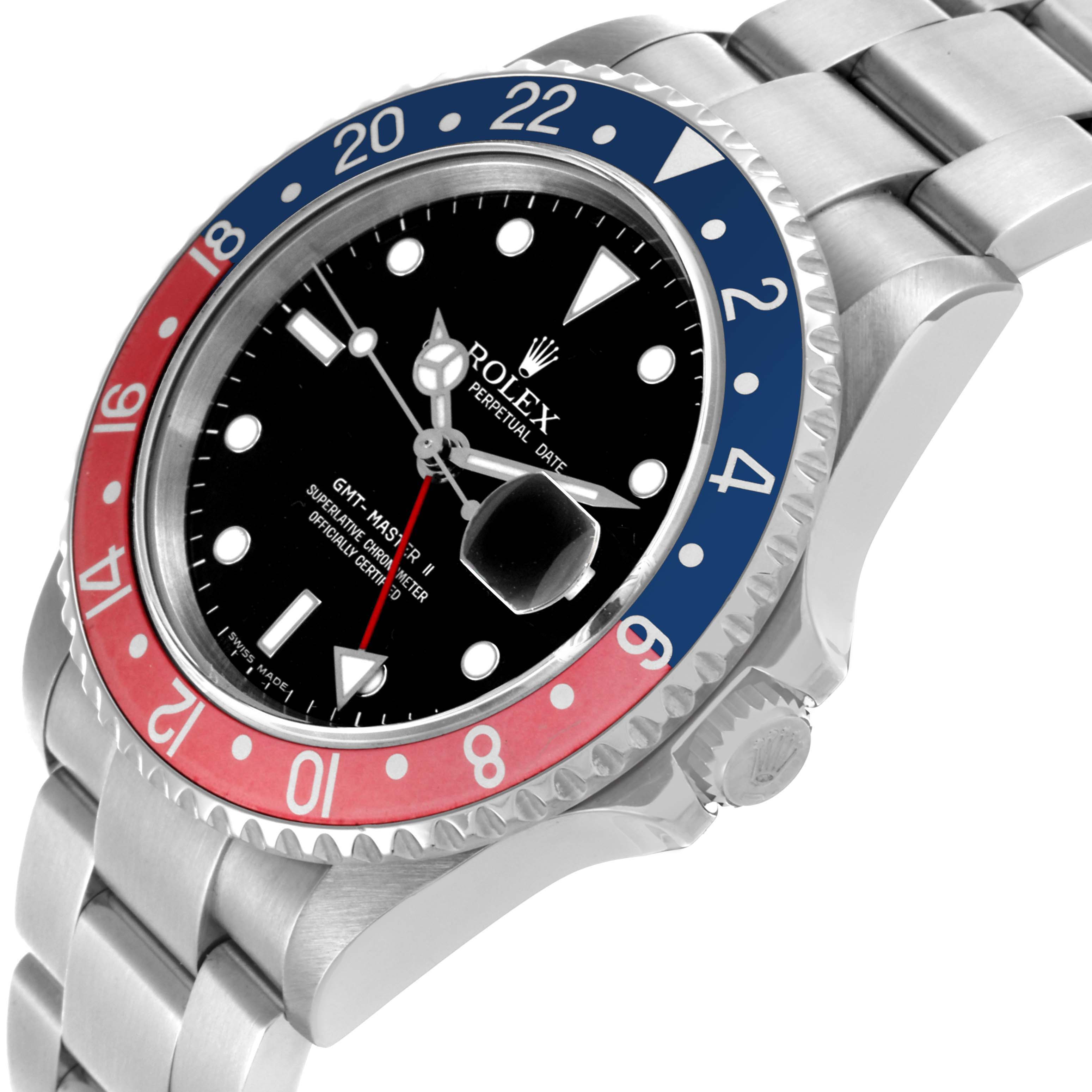 The Rolex GMT-Master 16710 Men's Stainless Steel Black Dial 16710 Men's Stainless Steel Black Dial is shown at an angle highlighting its bezel, face, crown, and part of the bracelet.