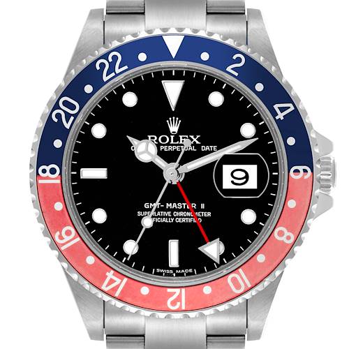 The Rolex GMT-Master watch is shown front-on, highlighting the bezel, dial, and date window.
