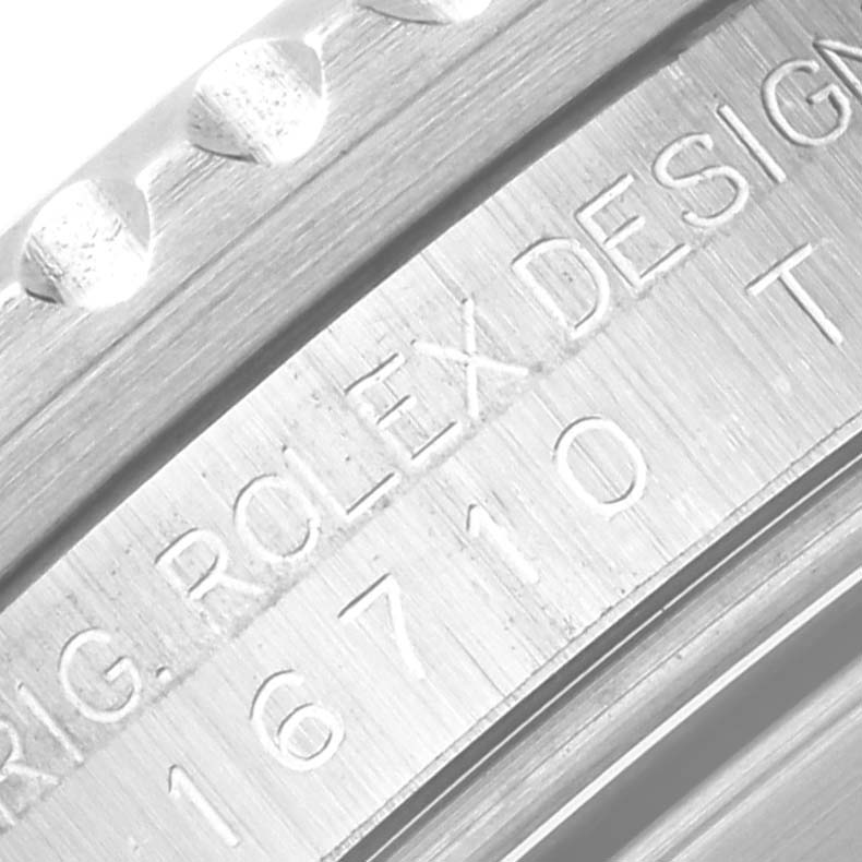 The image shows an engraved side view of a Rolex GMT-Master 16710 Men's Stainless Steel Black Dial 16710 Men's Stainless Steel Black Dial model, highlighting its model number.