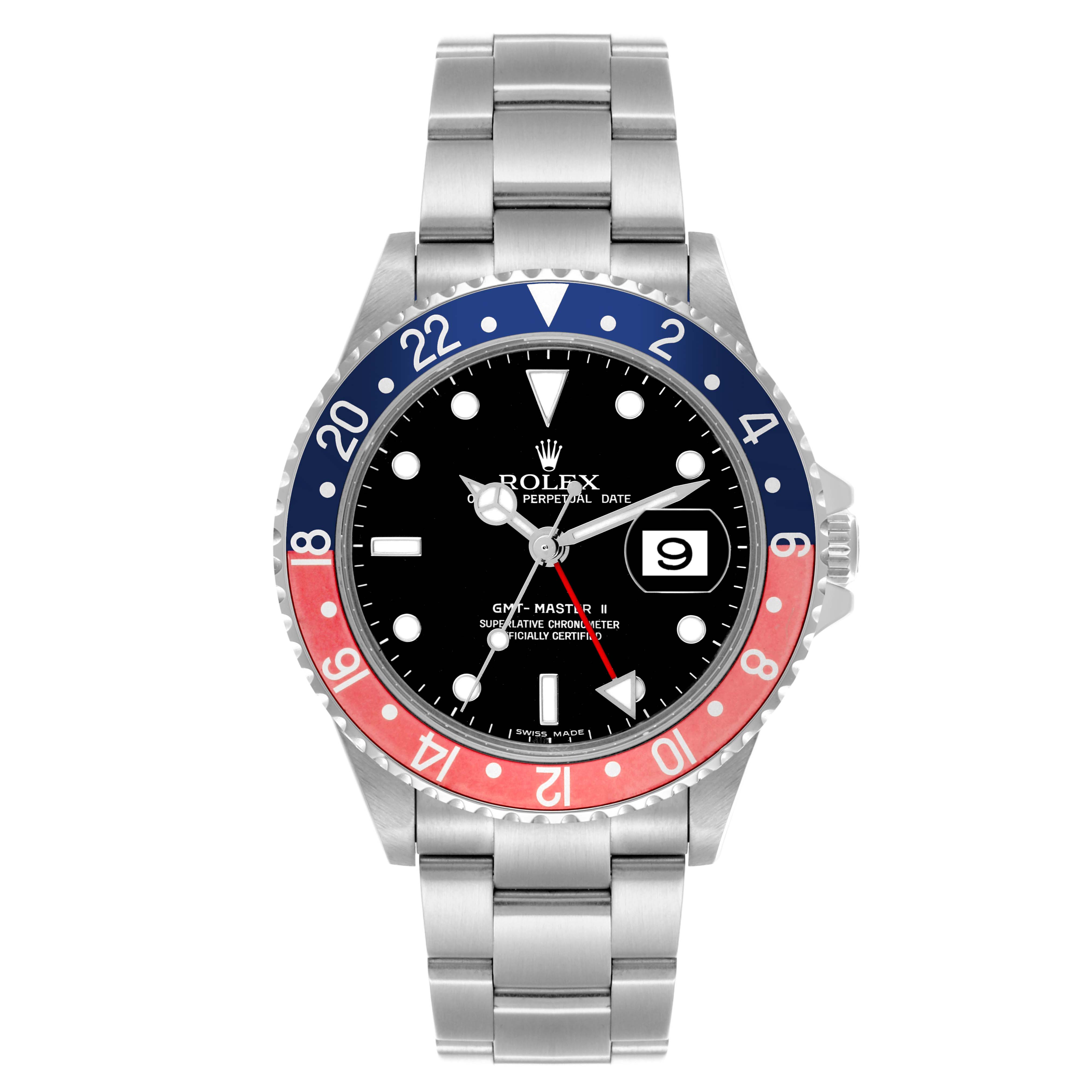 The Rolex GMT-Master 16710 Men's Stainless Steel Black Dial 16710 Men's Stainless Steel Black Dial watch is shown from a front view displaying its bezel, dial, and bracelet.