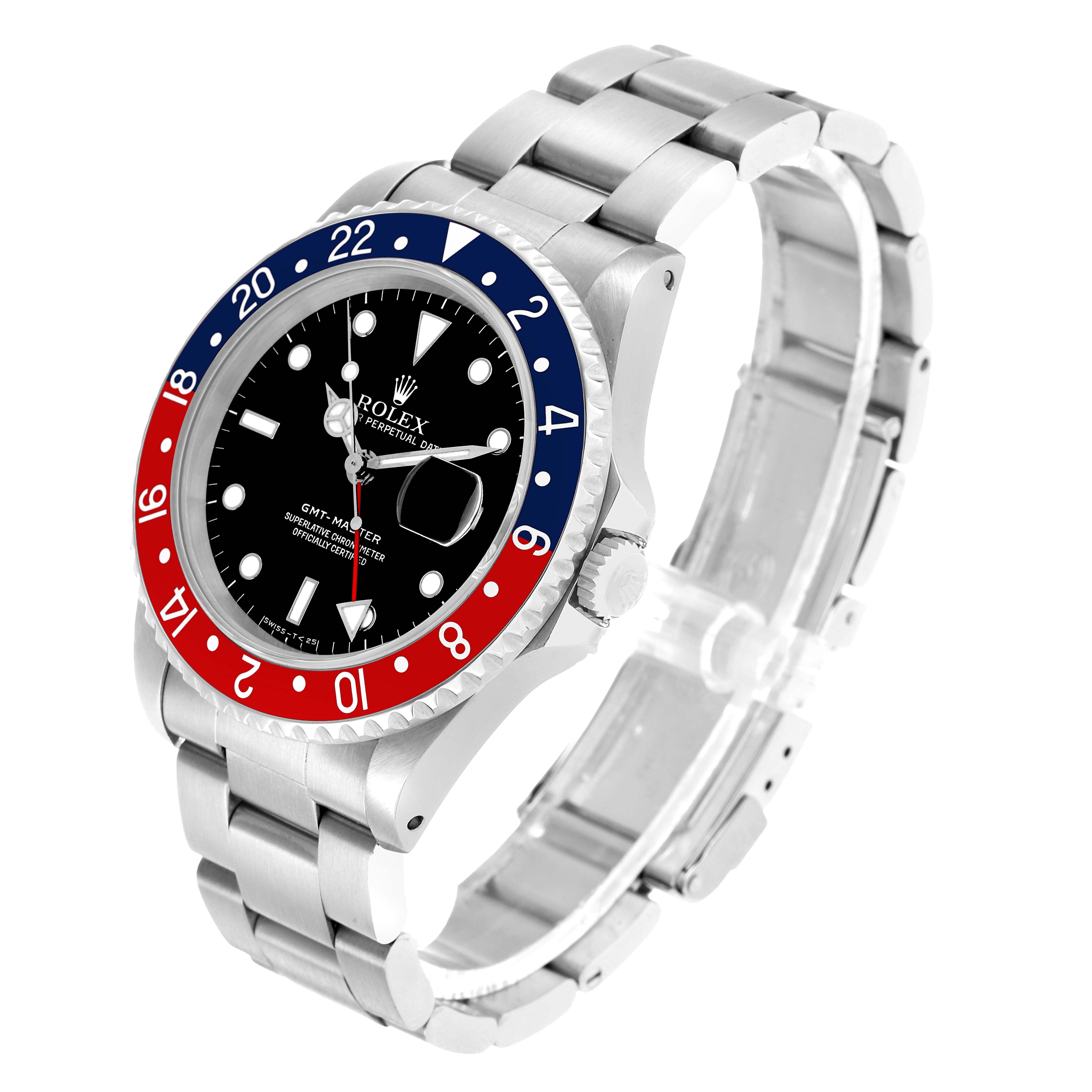 The image shows a Rolex GMT-Master watch at a three-quarter angle, highlighting the bezel, dial, bracelet, and crown.