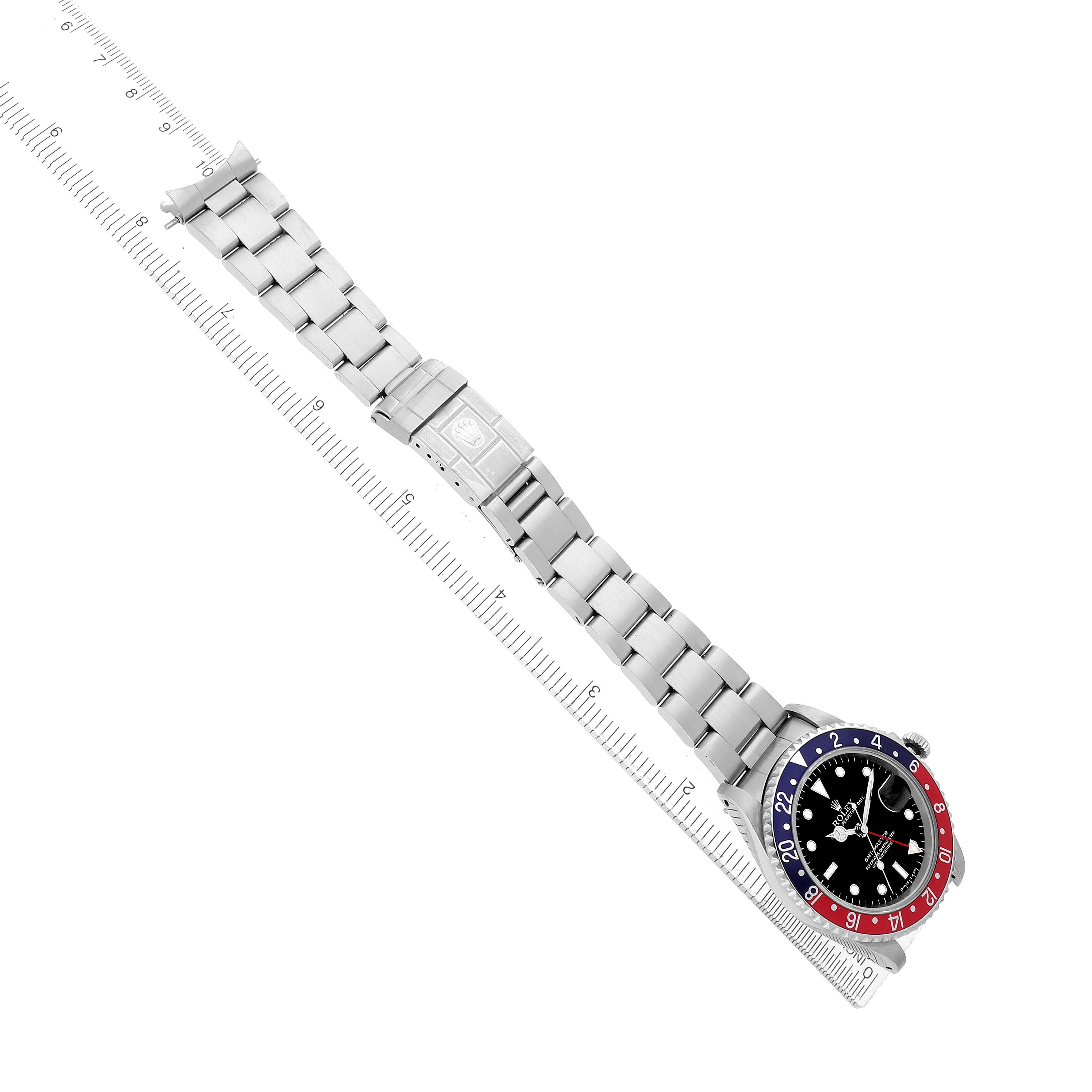 The Rolex Yacht-Master 16700 Men's Stainless Steel Black Dial watch is shown at a diagonal angle, displaying its full strap, clasp, and bezel.