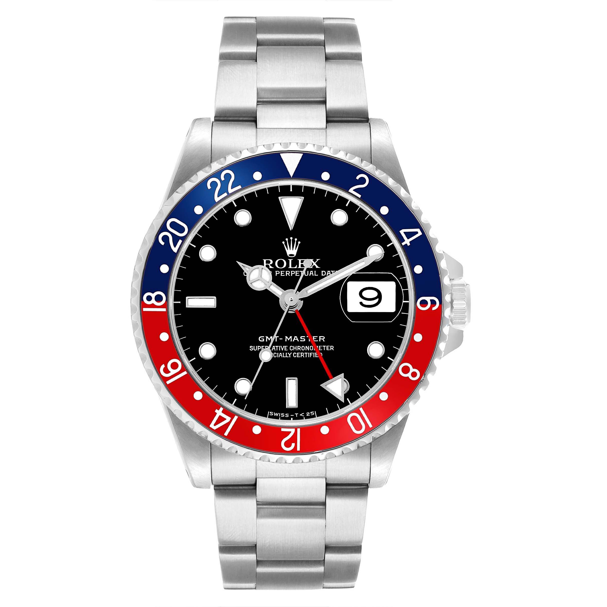 The Rolex Yacht-Master 16700 Men's Stainless Steel Black Dial watch is shown from a front angle, displaying its dial, bezel, and bracelet.