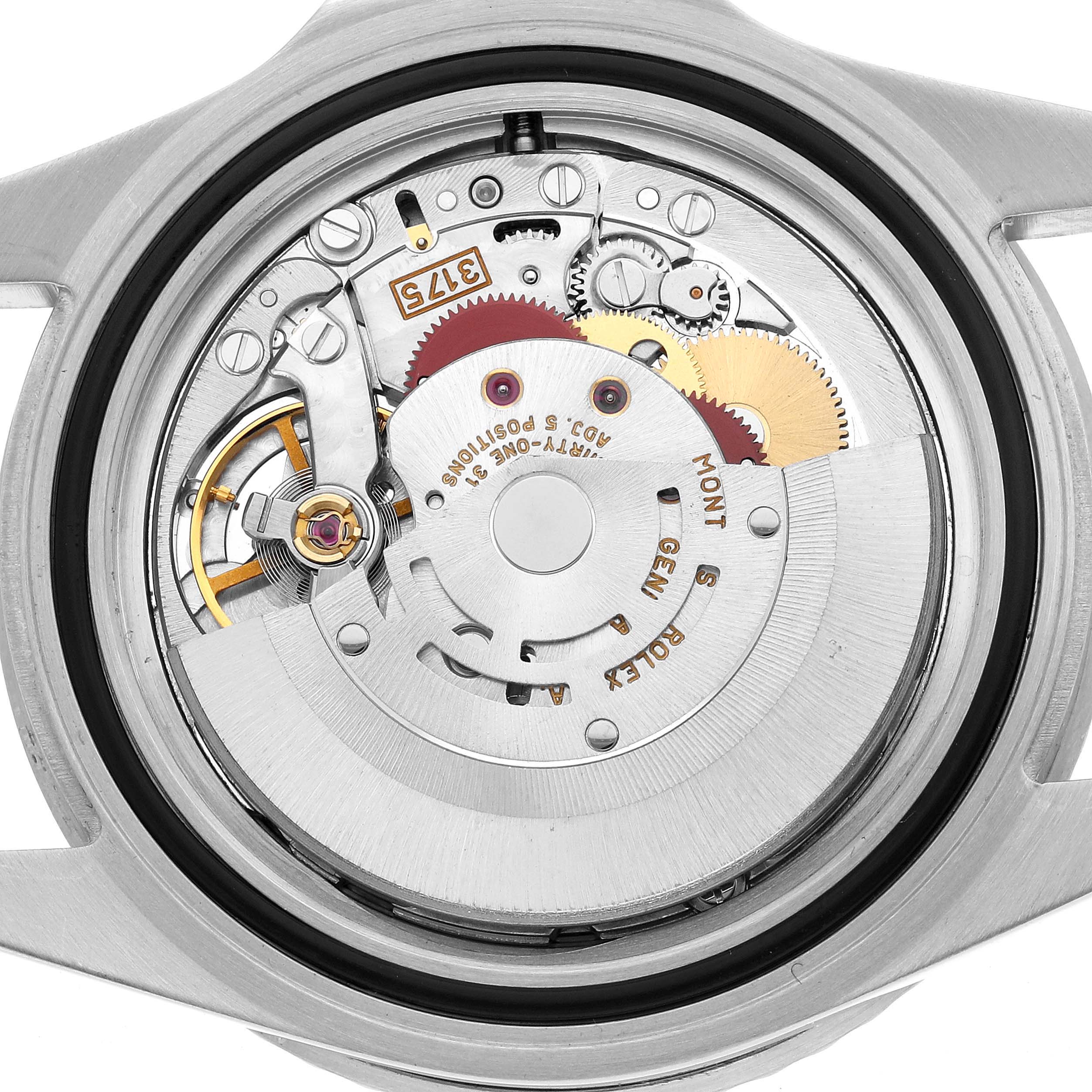The image shows the interior mechanism of a Rolex Yacht-Master 16700 Men's Stainless Steel Black Dial watch from a top-down angle.
