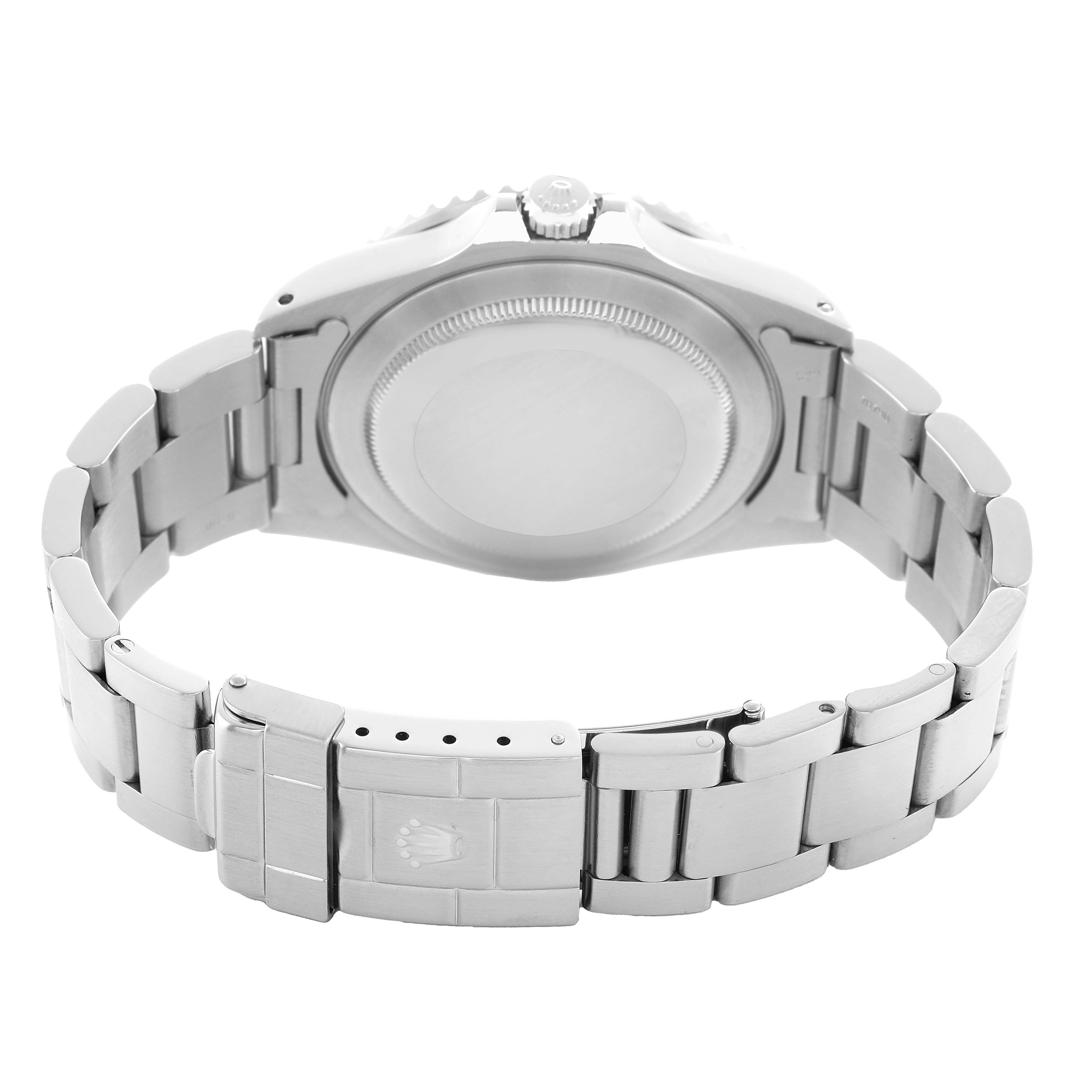 The image shows a rear view of a Rolex Yacht-Master 16700 Men's Stainless Steel Black Dial watch, highlighting the clasp, bracelet, and case back.