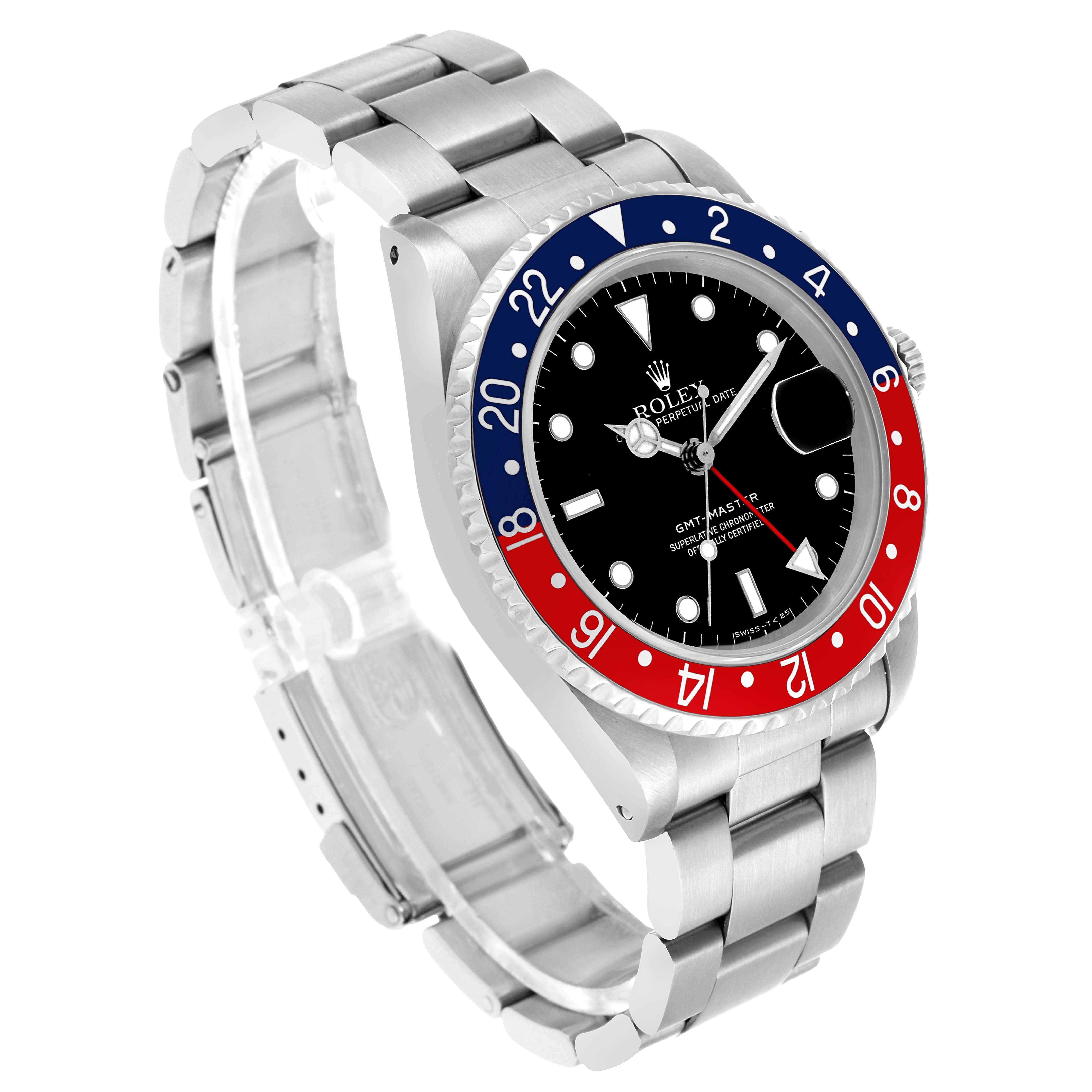 The image shows a Rolex GMT-Master with a partial side angle, displaying the bezel, dial, and bracelet.