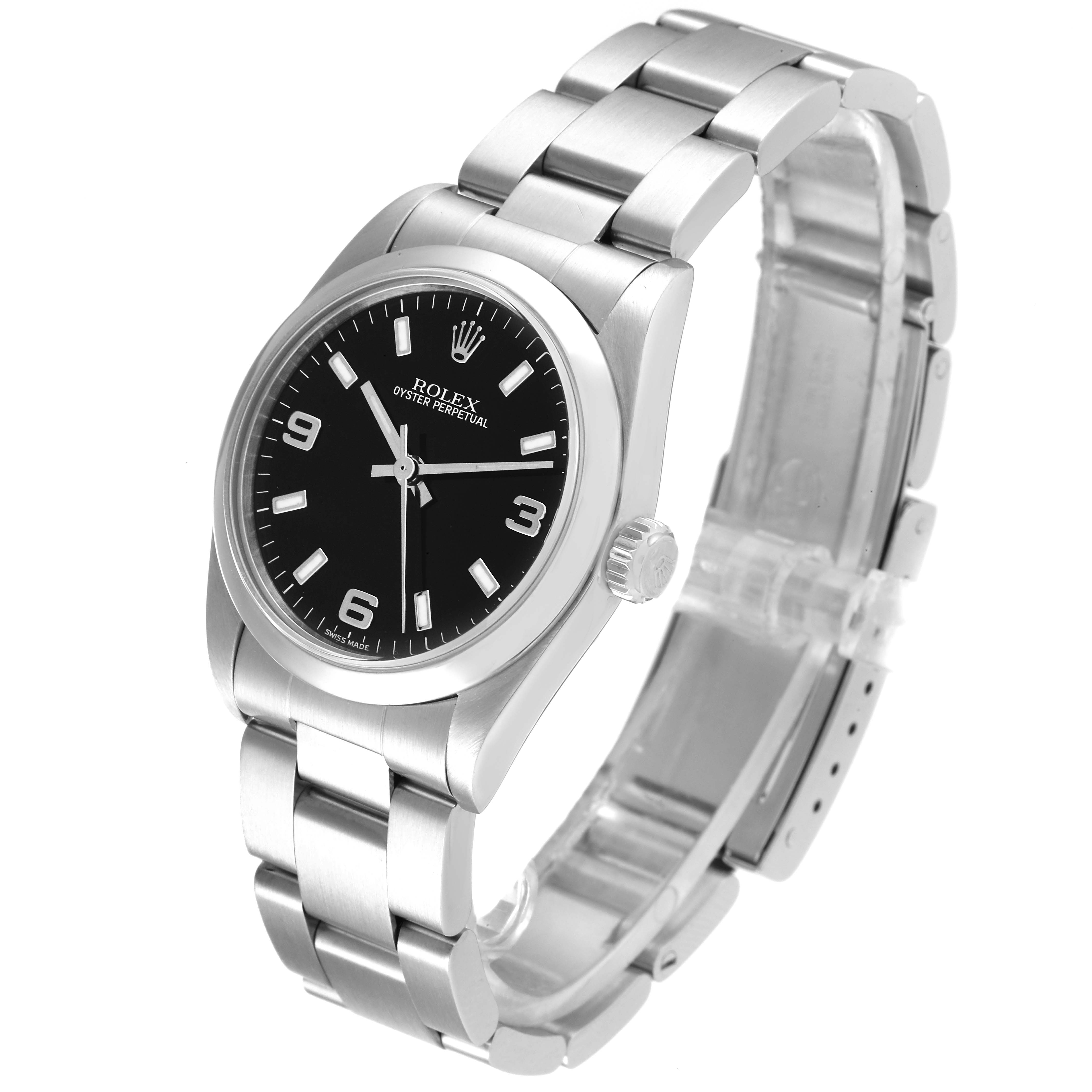 This image shows a Rolex Oyster Perpetual Mid-Size model at a three-quarter angle featuring the watch face, bezel, and bracelet band.