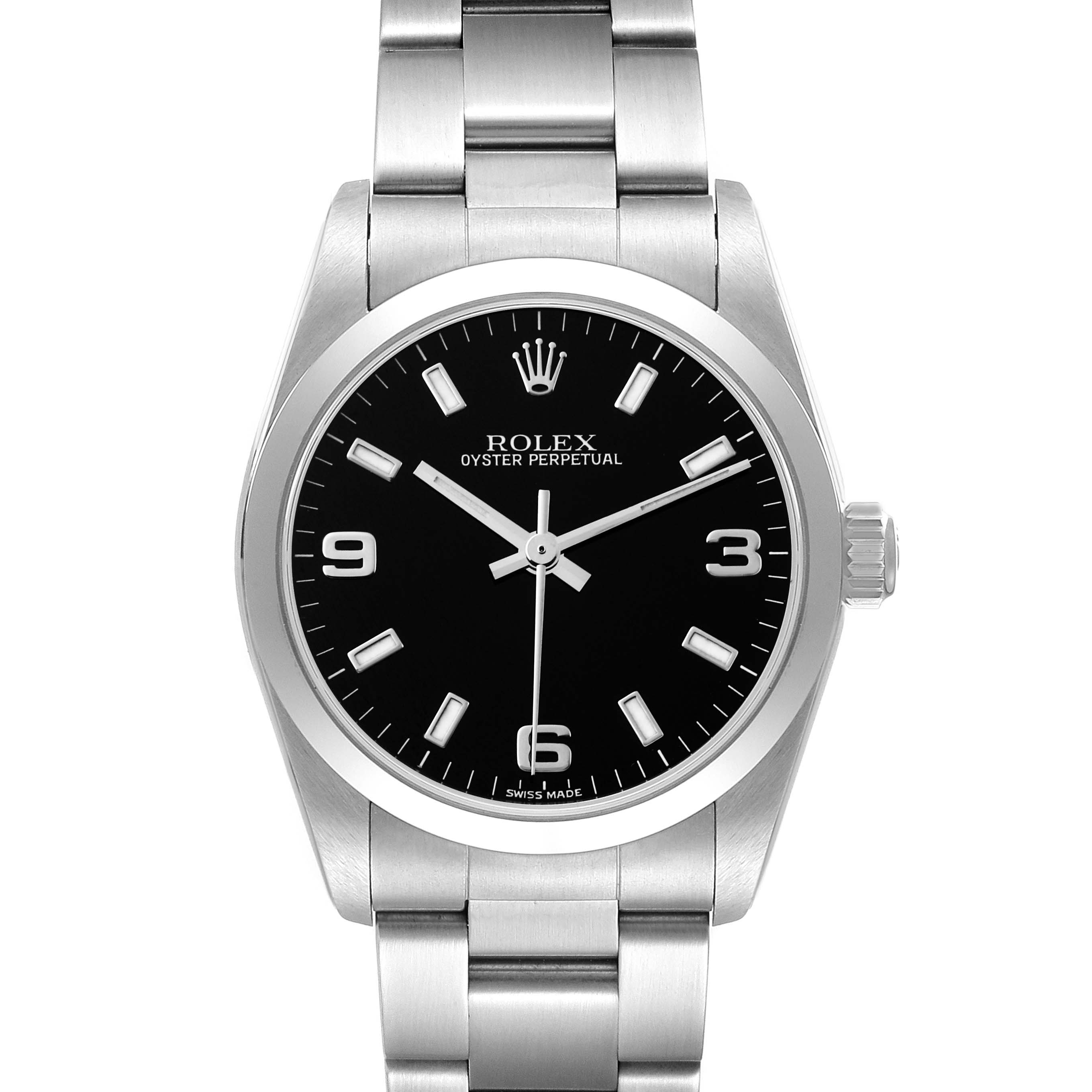 This is a head-on view of a Rolex Mid-Size 77080 Women
s Stainless Steel Black Dial 77080 Women
s Stainless Steel Black Dial Oyster Perpetual watch showing the dial, case, and part of the bracelet.