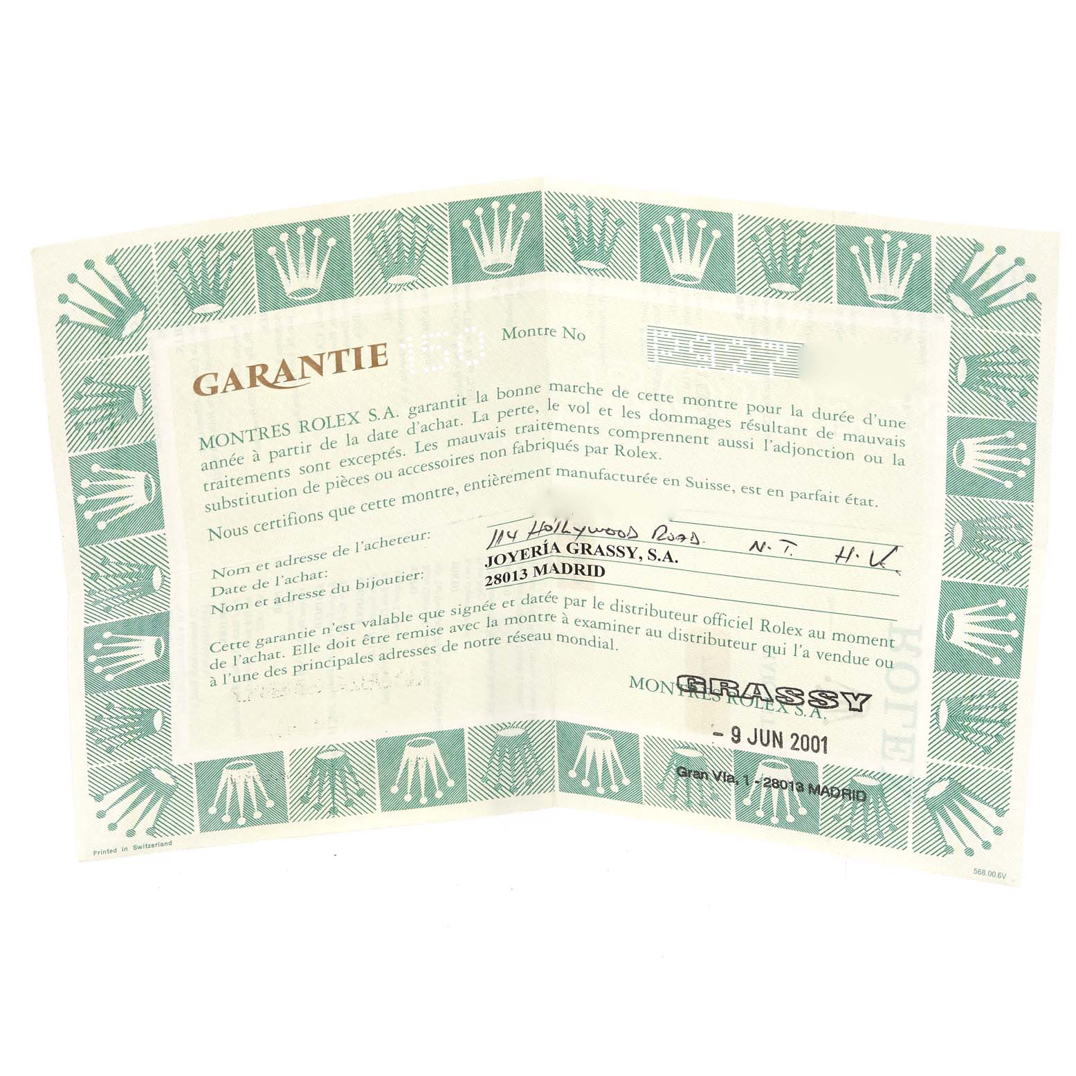 The image shows the warranty document for a Rolex Mid-Size 77080 Women
s Stainless Steel Black Dial 77080 Women
s Stainless Steel Black Dial model, including the brand
s logo and purchase details.