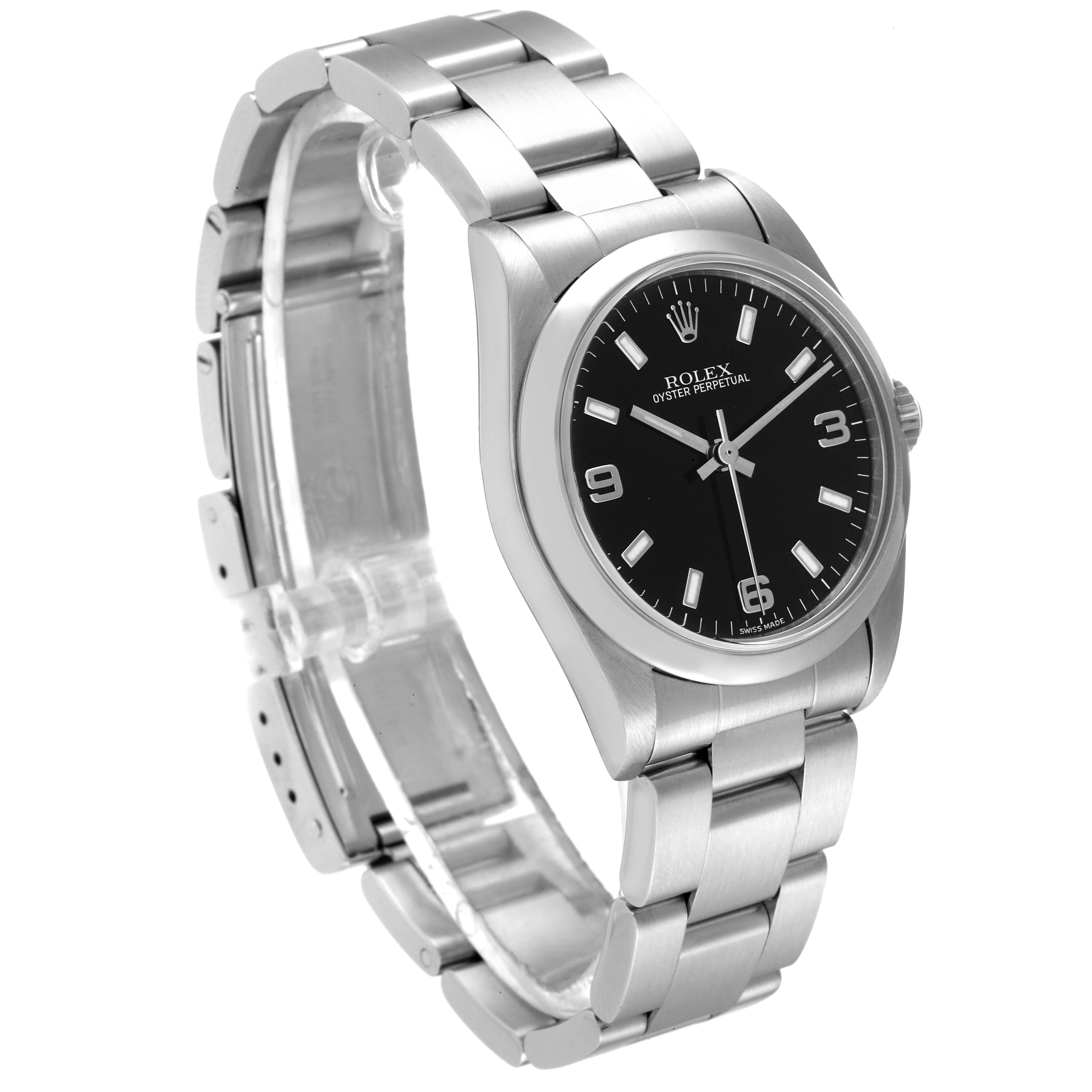 This image shows a side and slightly frontangled view of a Rolex Mid-Size 77080 Women
s Stainless Steel Black Dial 77080 Women
s Stainless Steel Black Dial Oyster Perpetual watch with a black dial and stainless steel bracelet.