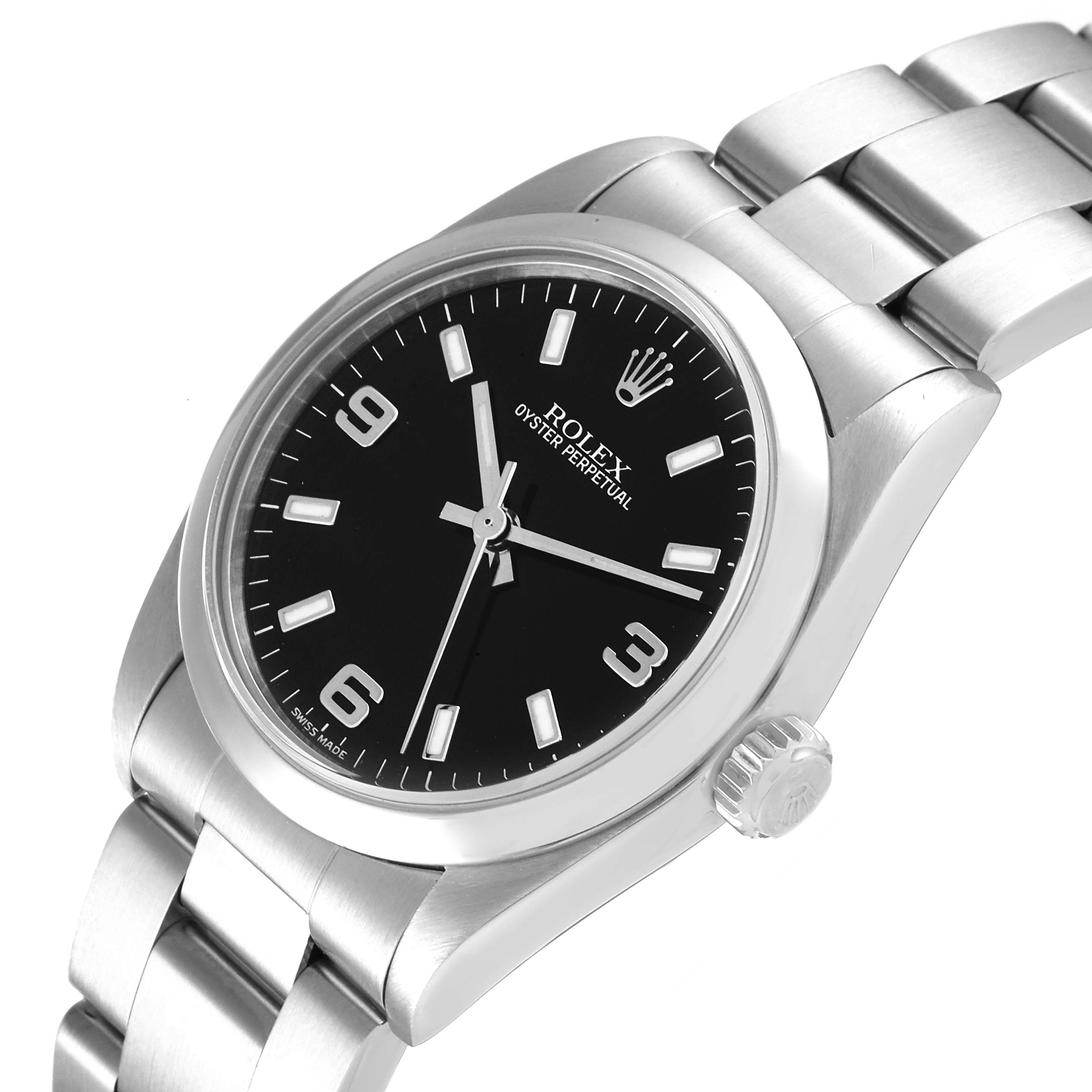 This image shows a Rolex Mid-Size 77080 Women
s Stainless Steel Black Dial 77080 Women
s Stainless Steel Black Dial Oyster Perpetual watch from a tilted angle, featuring the bracelet, dial, crown, and case.