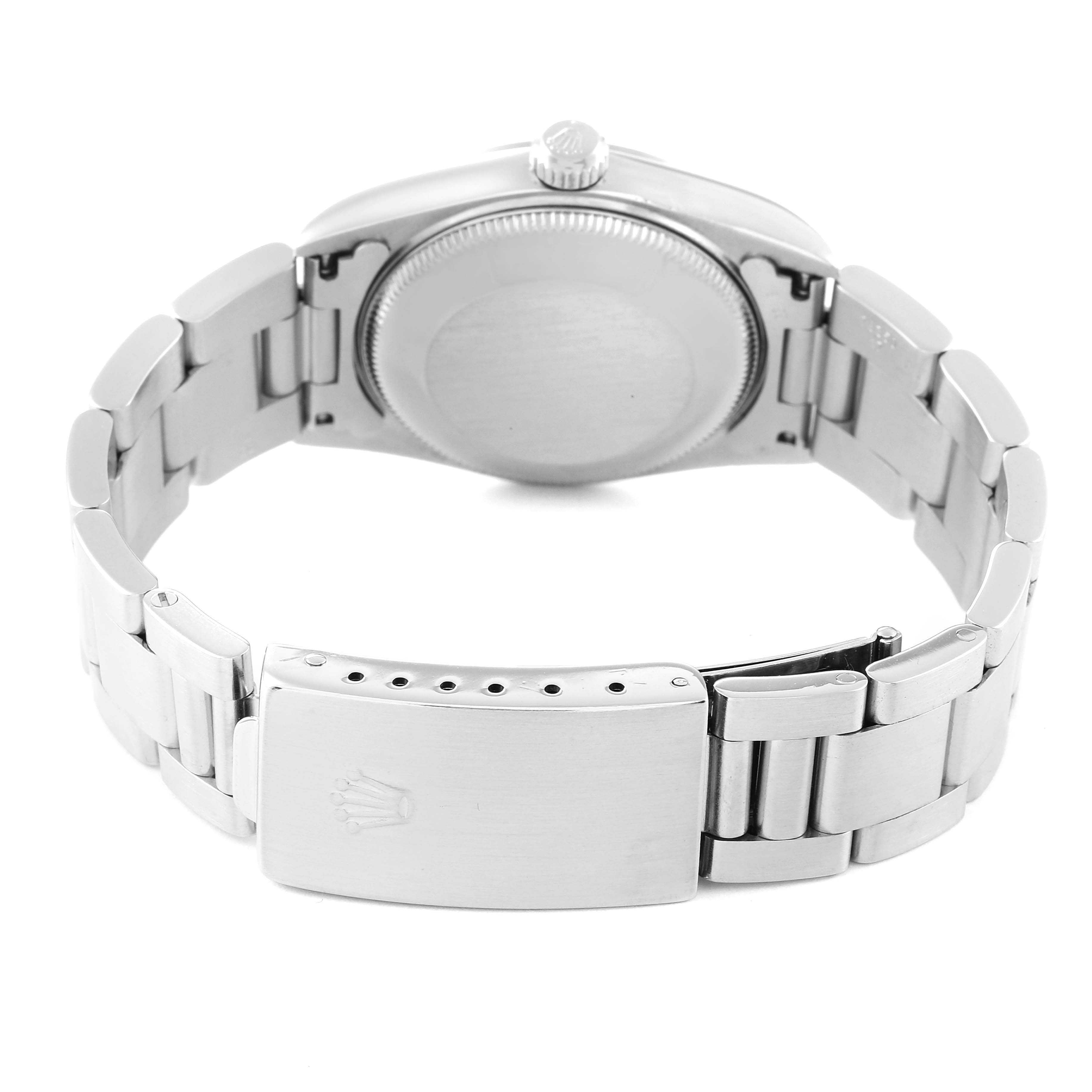 The image shows the back of a Mid-Size Rolex watch, highlighting its clasp, bracelet, and case back from a rear view angle.