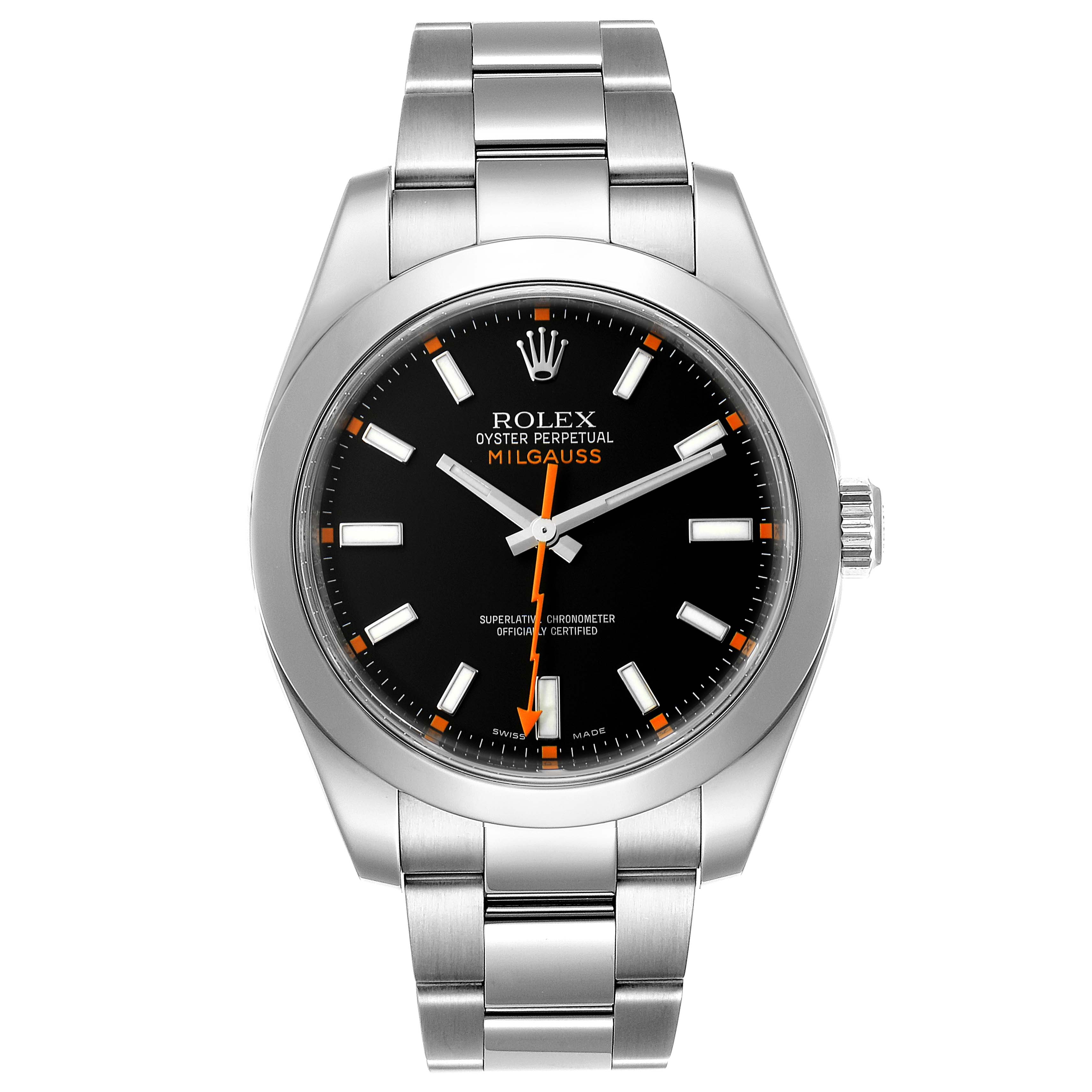 The image shows a front-facing view of the Rolex Milgauss 116400 Men
s Stainless Steel Black Dial 116400 Men
s Stainless Steel Black Dial watch, highlighting its black dial, hour markers, and stainless steel bracelet.