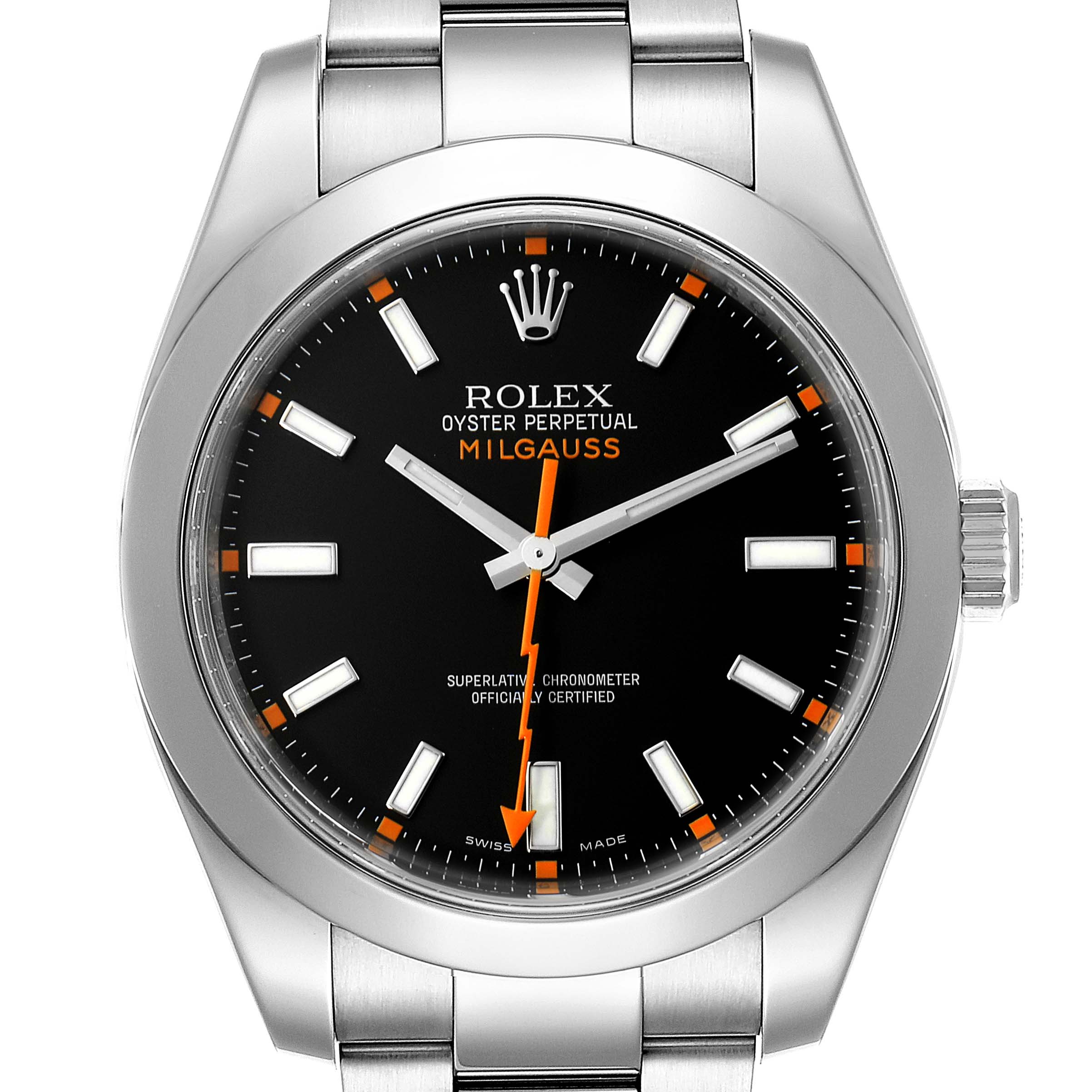The front view shows the dial, bezel, crown, and part of the bracelet of the Rolex Milgauss 116400 Men
s Stainless Steel Black Dial 116400 Men
s Stainless Steel Black Dial watch.