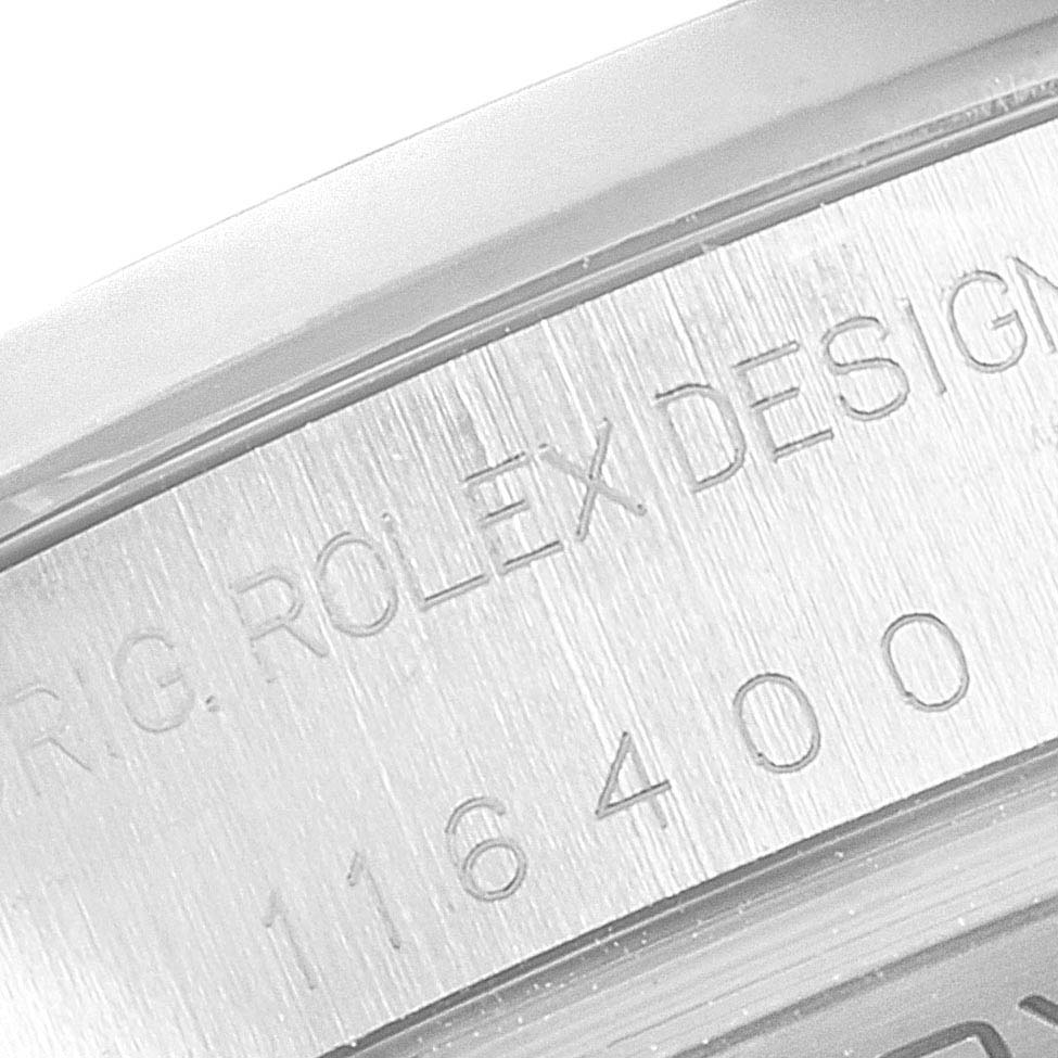 This image shows a close-up of the engraved inside edge of the case on a Rolex Milgauss 116400 Men
s Stainless Steel Black Dial 116400 Men
s Stainless Steel Black Dial watch.