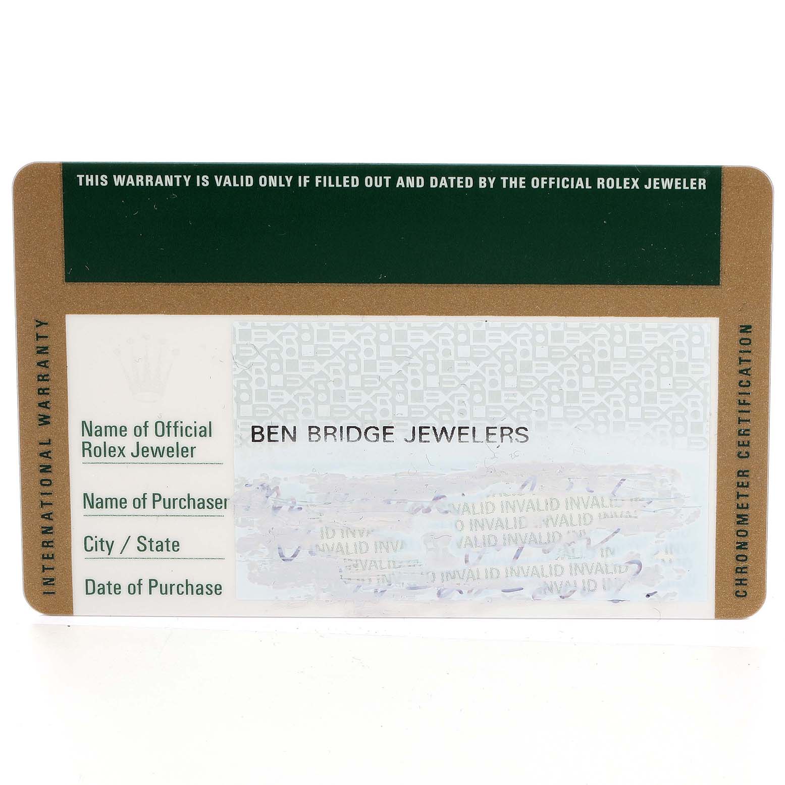 The image shows the International Warranty card for the Rolex Milgauss 116400 Men
s Stainless Steel Black Dial 116400 Men
s Stainless Steel Black Dial model, displaying the dealer
s information and warranty details.