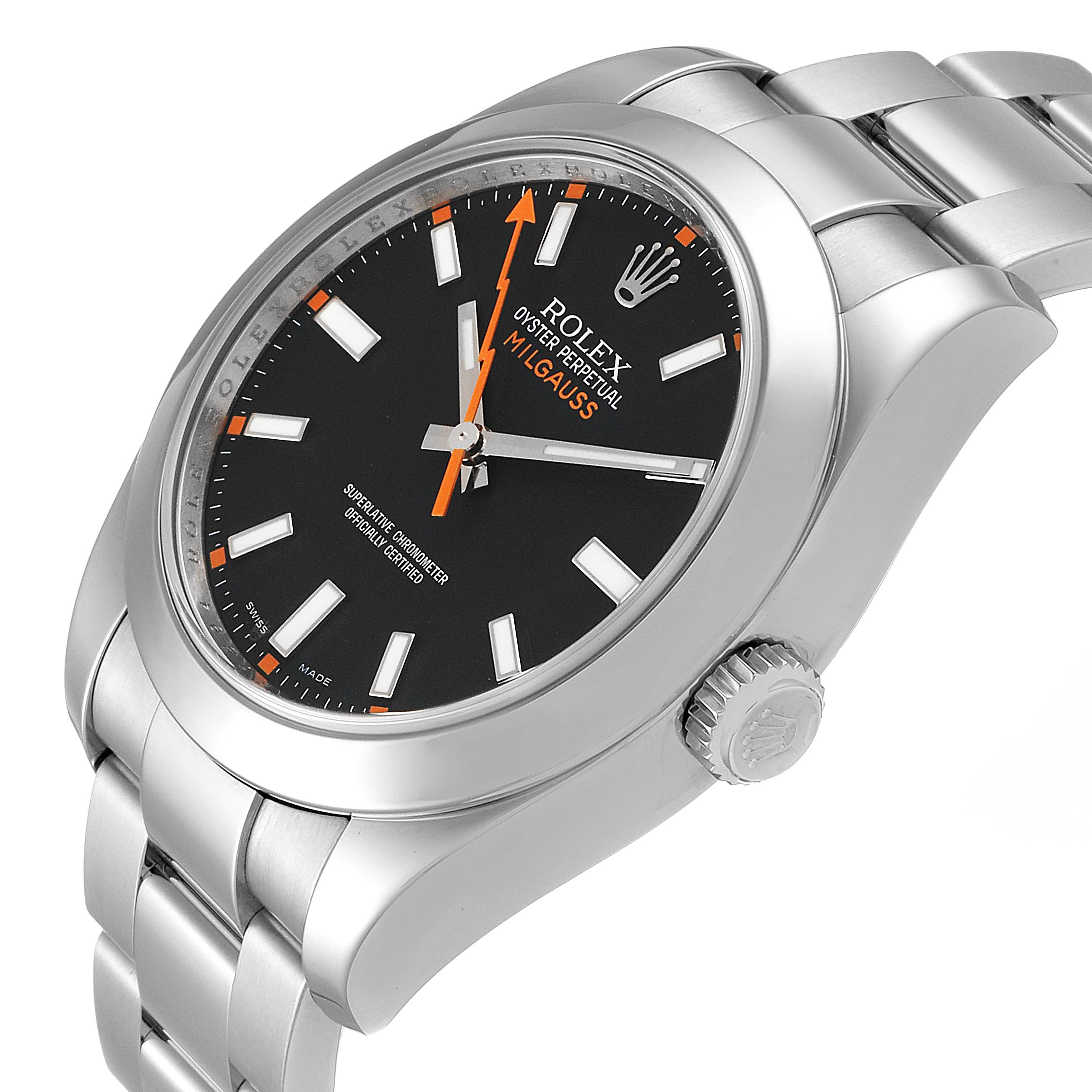 The image shows the Rolex Milgauss 116400 Men
s Stainless Steel Black Dial 116400 Men
s Stainless Steel Black Dial watch at an angle highlighting its dial, crown, and stainless steel bracelet.