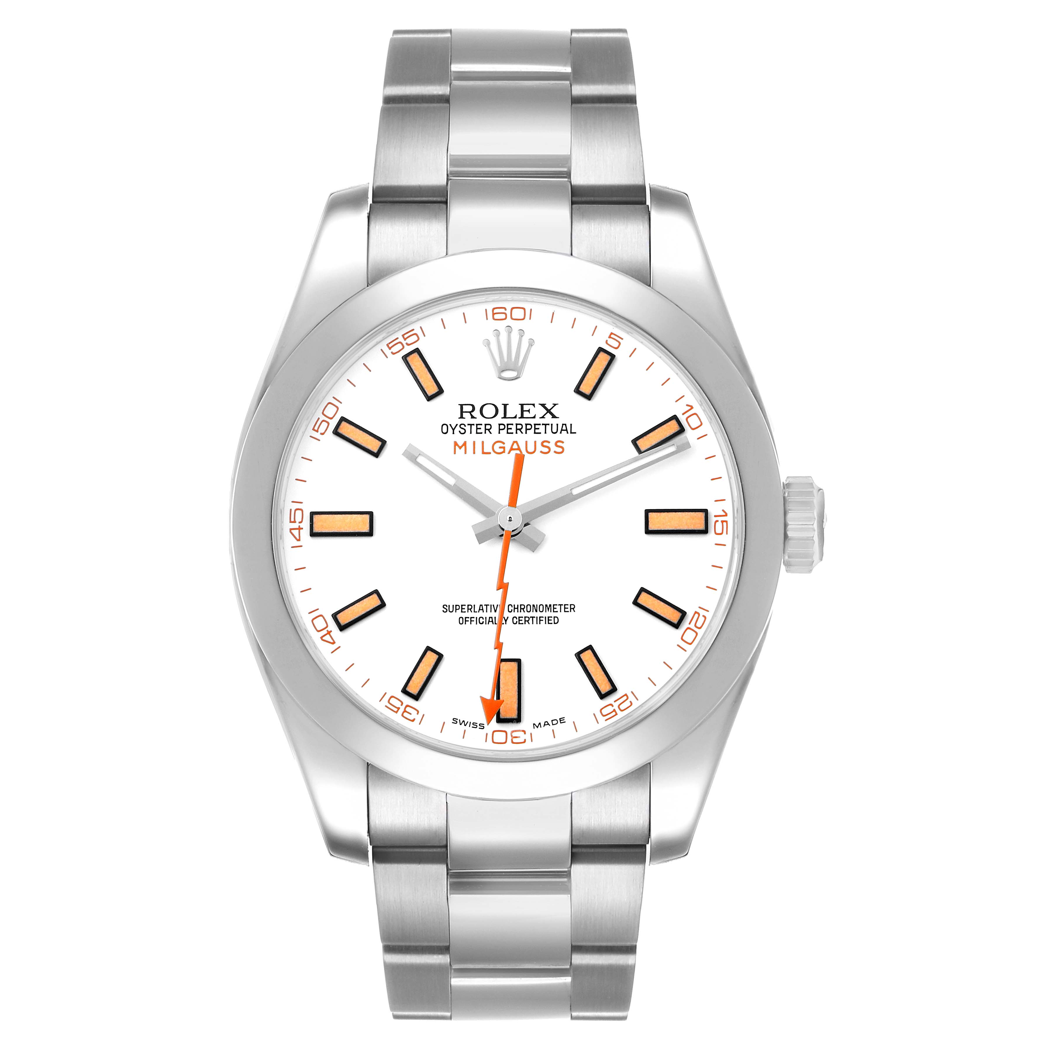 This Rolex Milgauss 116400 Men's Stainless Steel White Dial watch is shown from a front angle, displaying its face, case, bracelet, and crown.