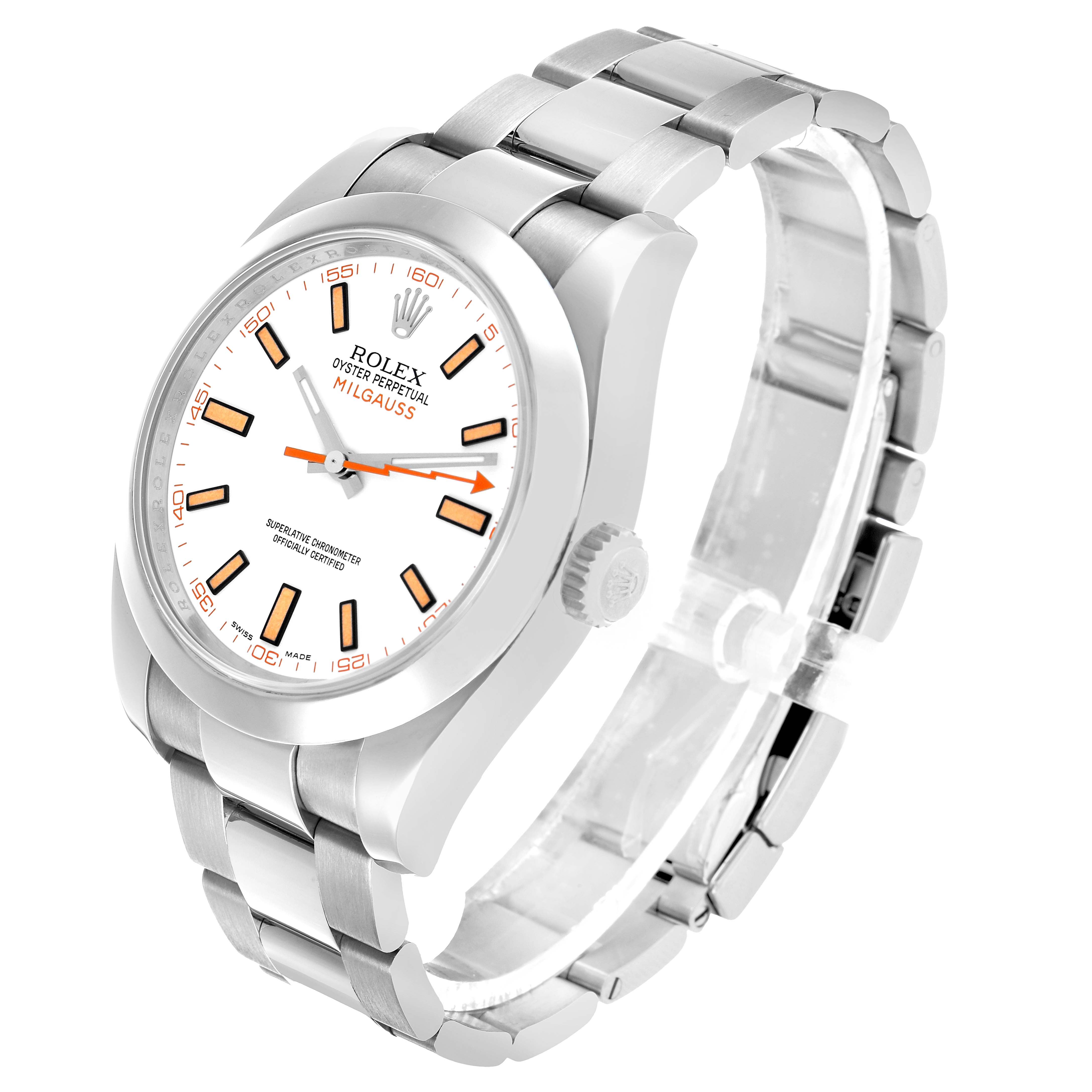 The Rolex Milgauss 116400 Men's Stainless Steel White Dial watch is shown at an angled side view, displaying the dial, case, crown, and bracelet.