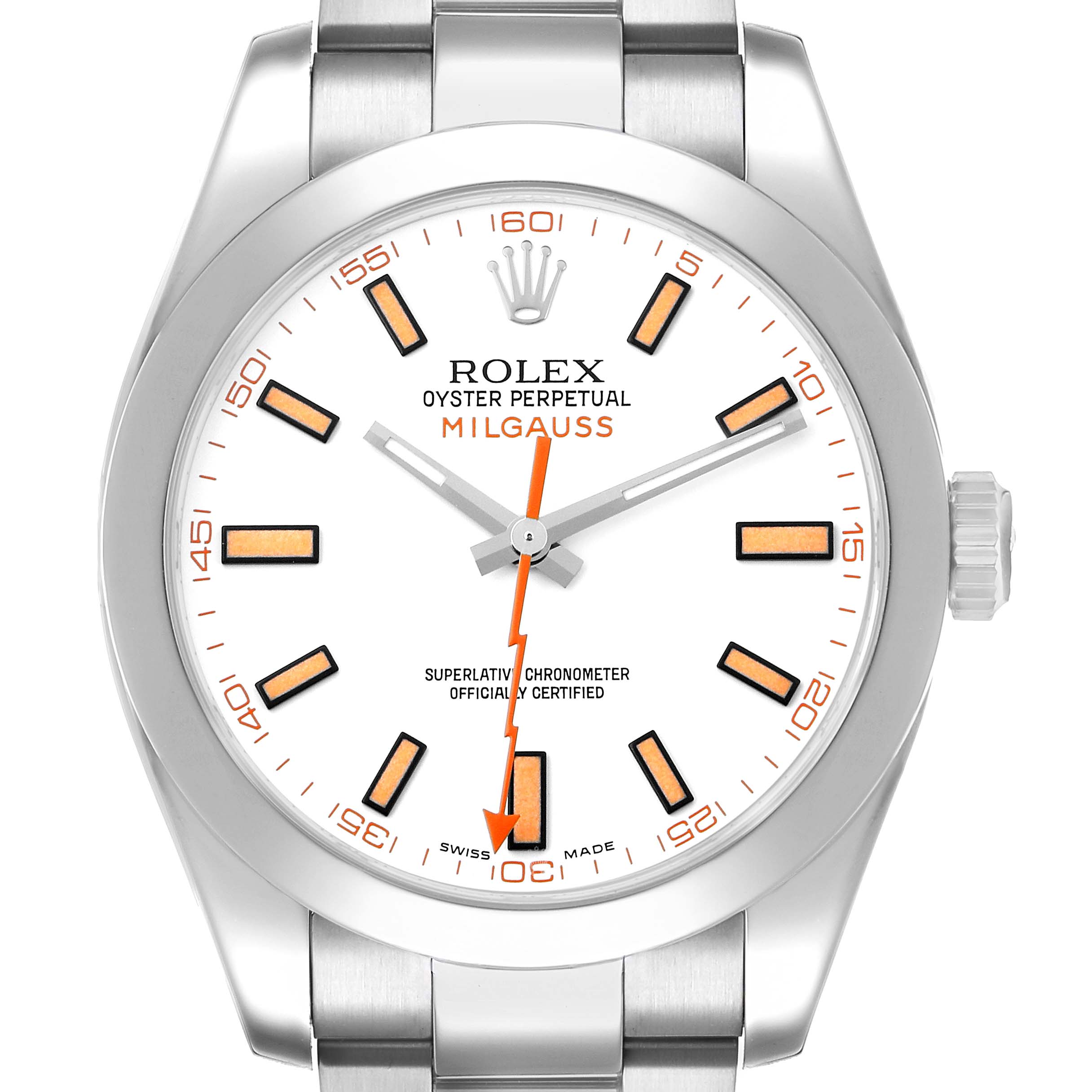 The image shows a front view of a Rolex Milgauss 116400 Men's Stainless Steel White Dial watch, highlighting the dial, hands, bezel, and part of the bracelet.